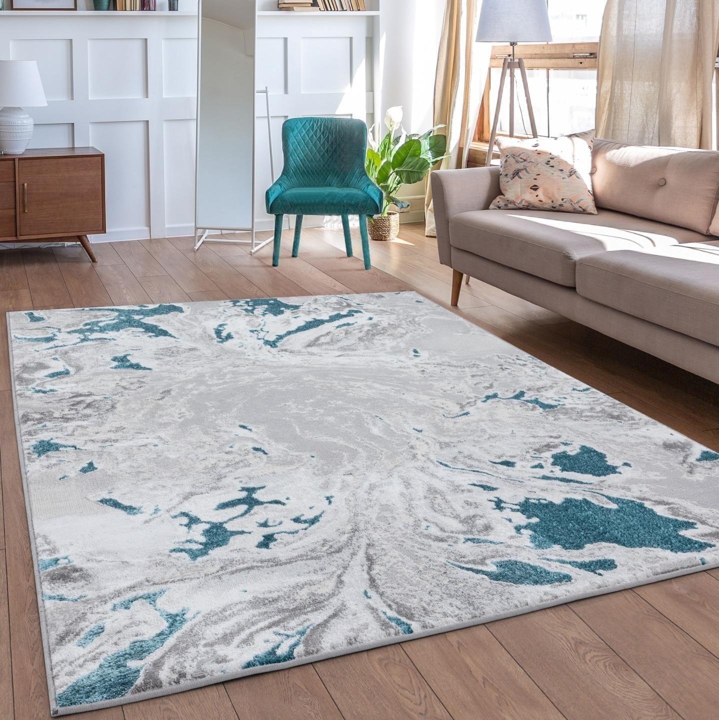 Blue and Turquoise Abstract 8' x 10' Synthetic Area Rug