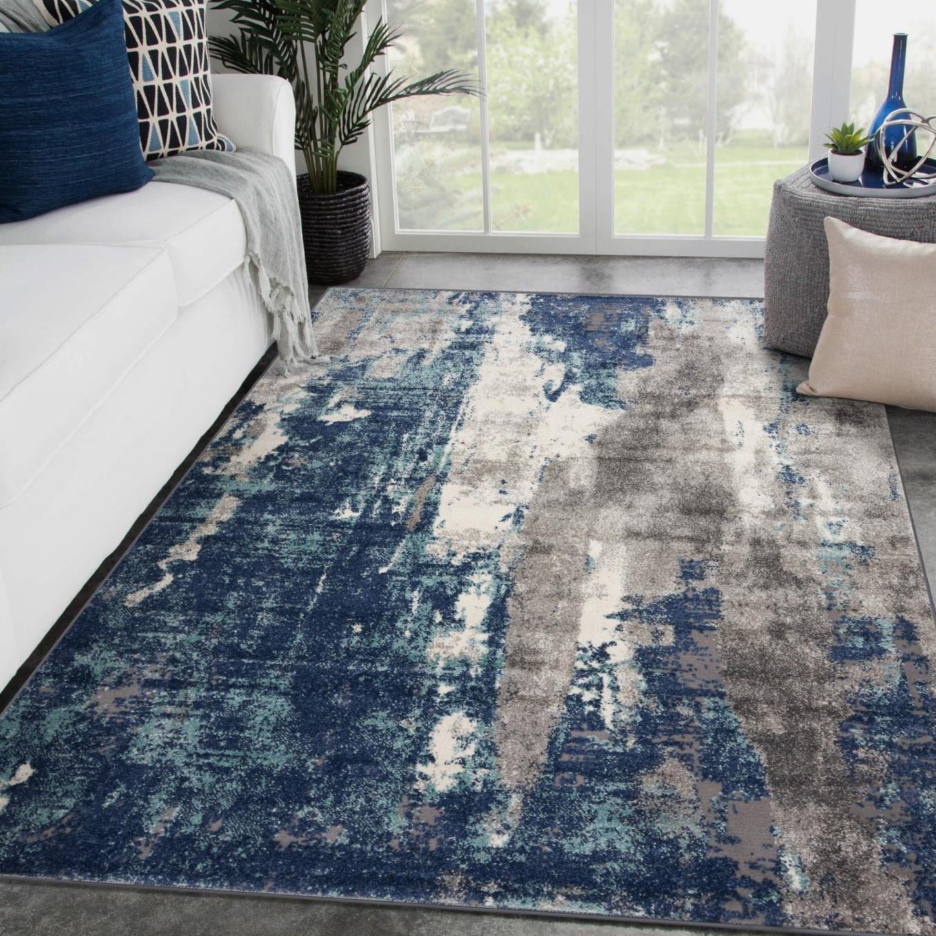 Abstract Splash Blue and Gray 2' x 7' Synthetic Runner Rug