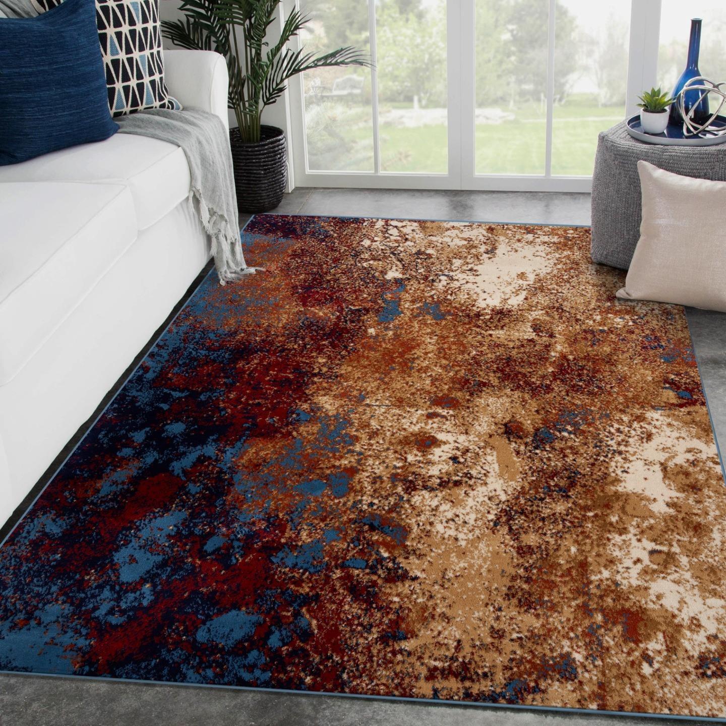 Blue and Orange Abstract 5' x 7' Synthetic Area Rug