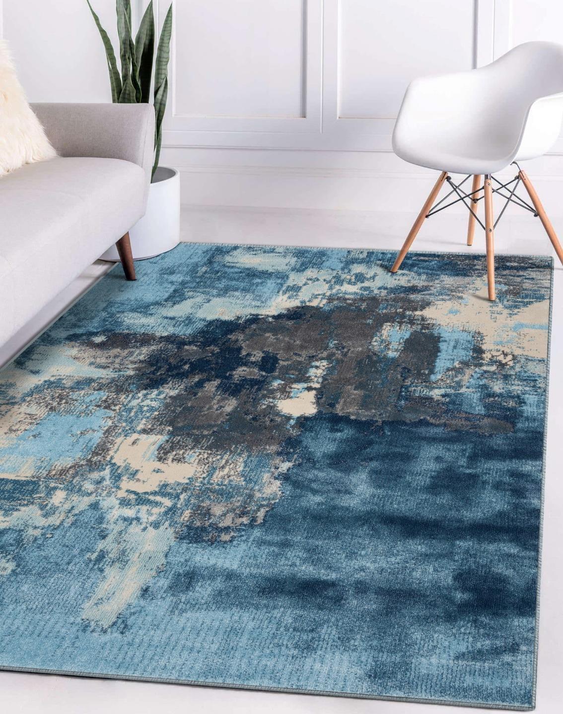 Blue Abstract 5' x 7' Stain-Resistant Synthetic Area Rug