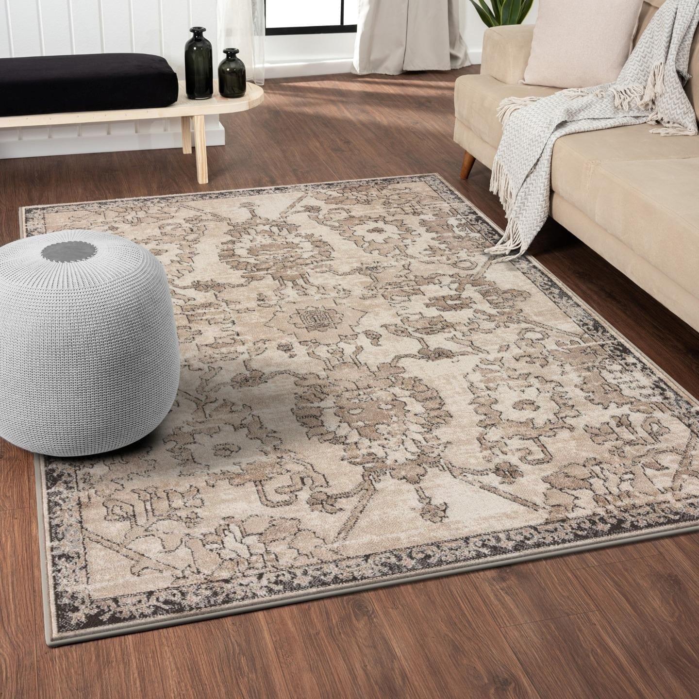 Beige Floral Synthetic 5' x 7' Rectangular Area Rug