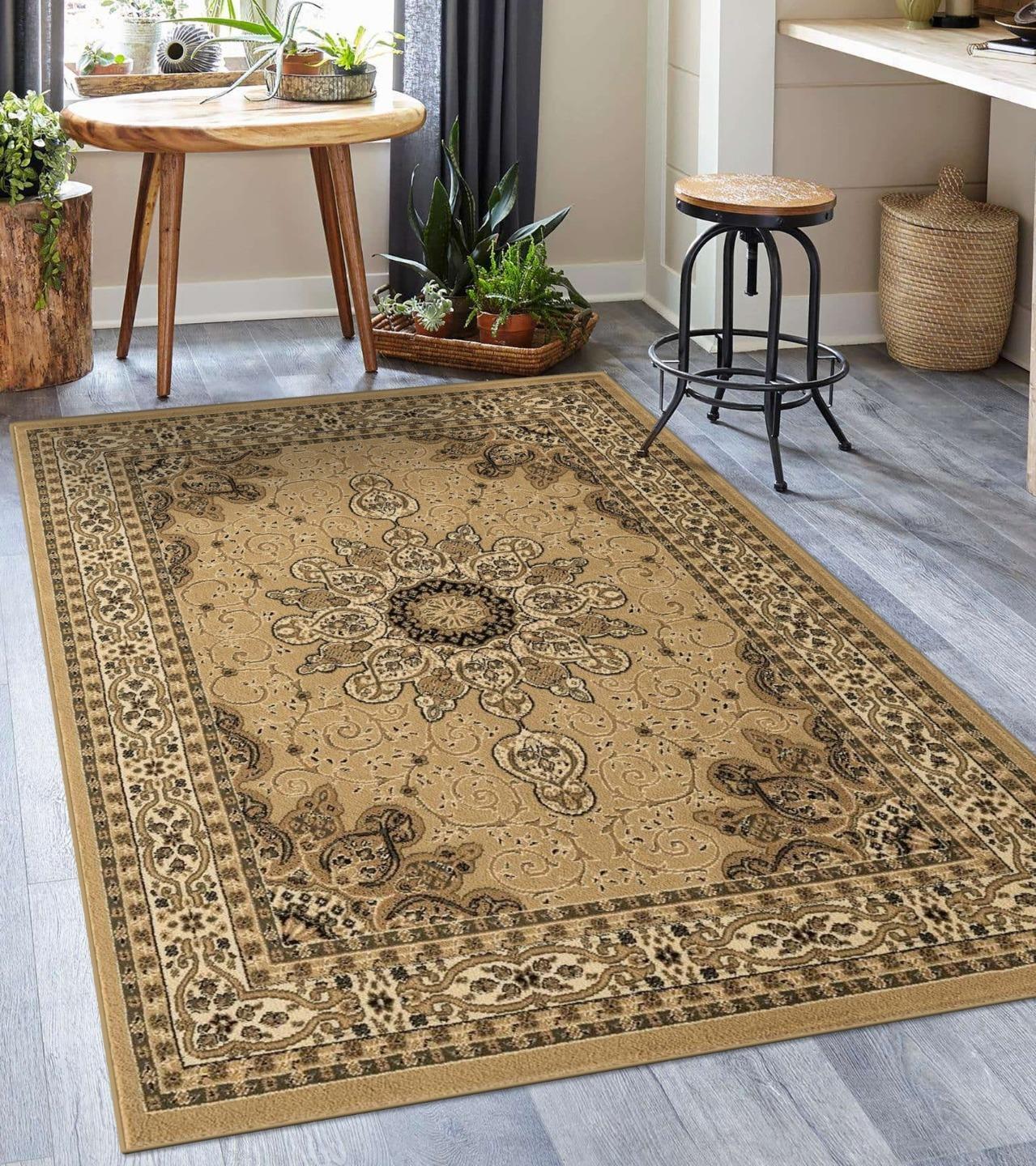 Elegant Beige 5' x 7' Oriental Medallion Synthetic Area Rug