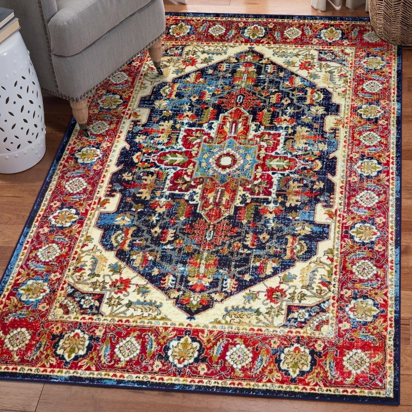 Navy and Red Oriental Synthetic 8x10 Area Rug