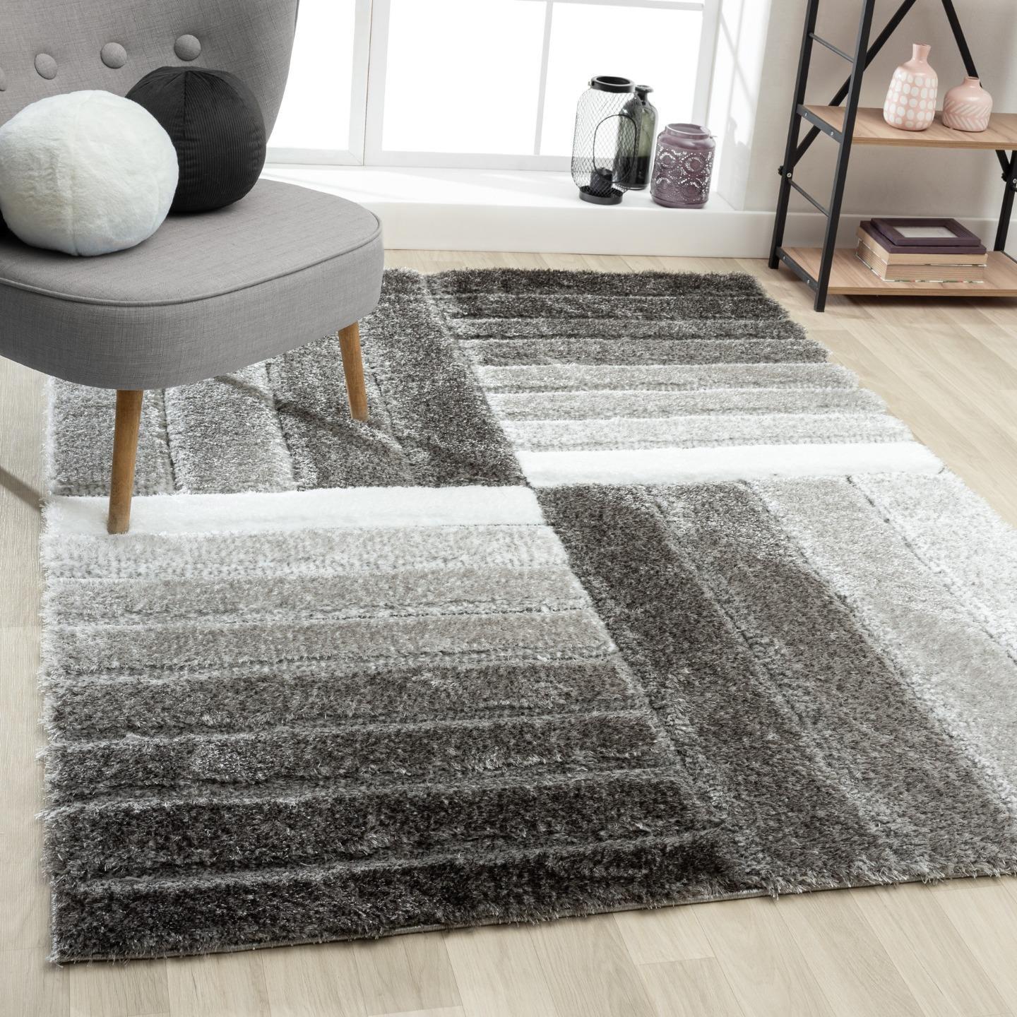 Modern Geometric Gray Shag 8' x 10' Area Rug, Stain-Resistant and Plush