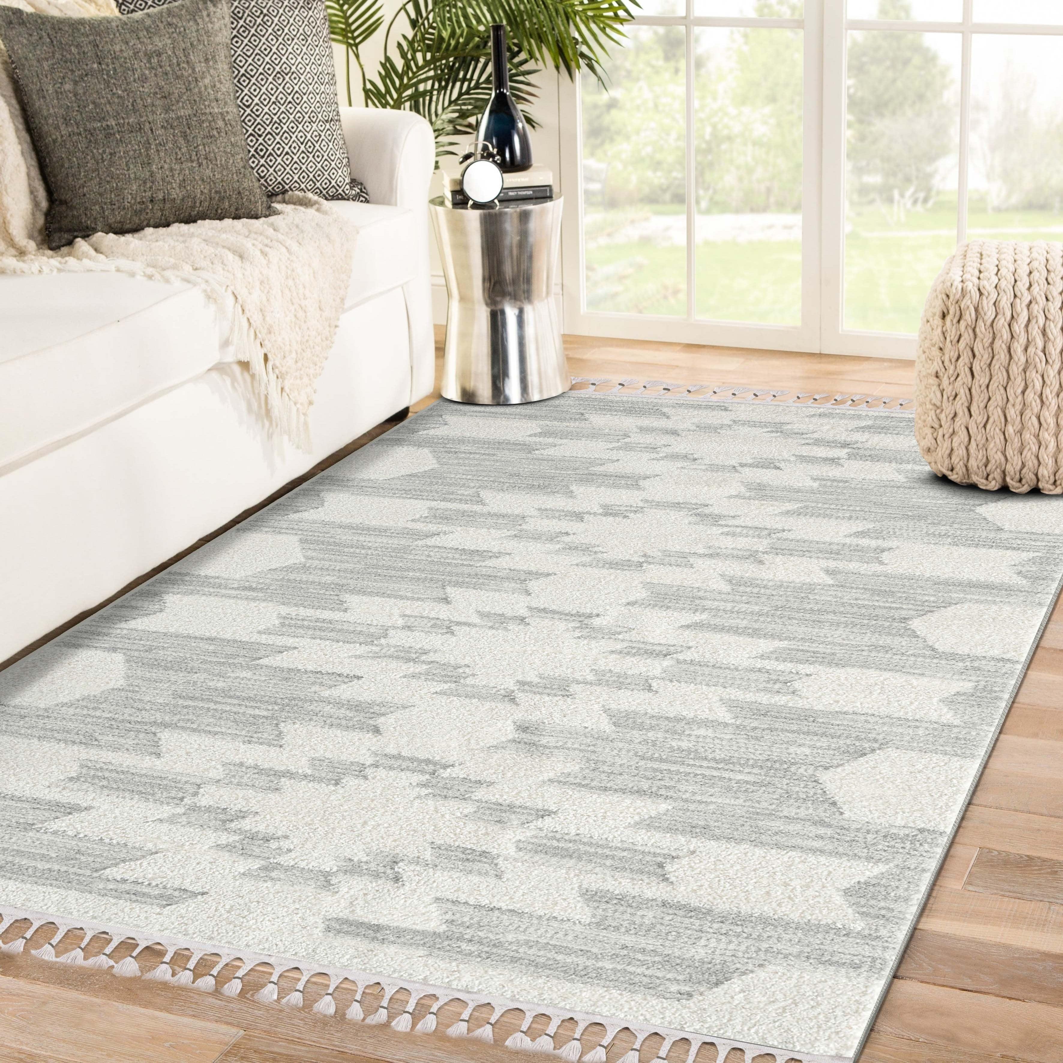 Geometric Braided Fringe 5' x 7' Gray Synthetic Area Rug