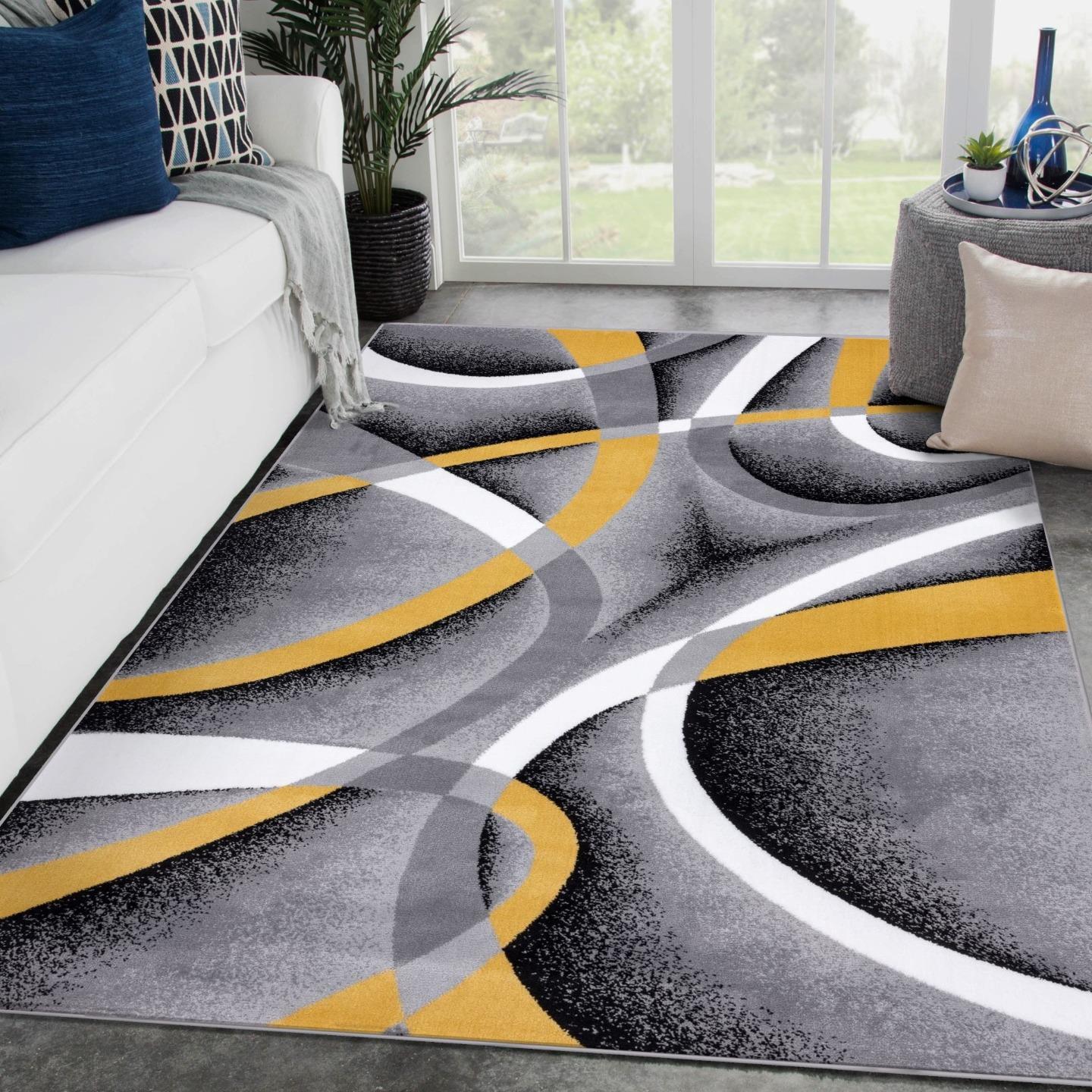 Yellow and Gray Abstract High Pile Polypropylene Area Rug