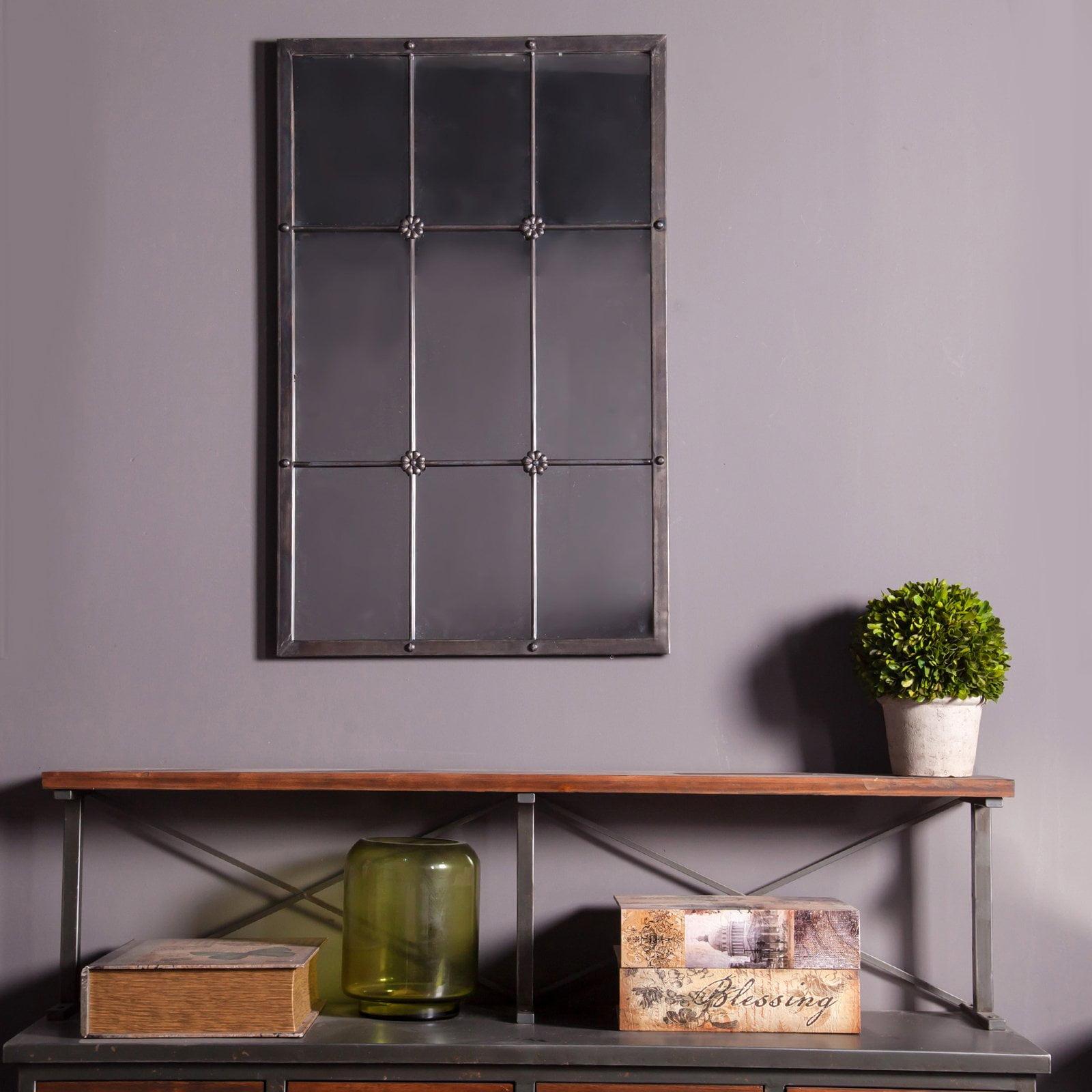 Rustic Brown Metal Frame Rectangular Windowpane Wall Mirror