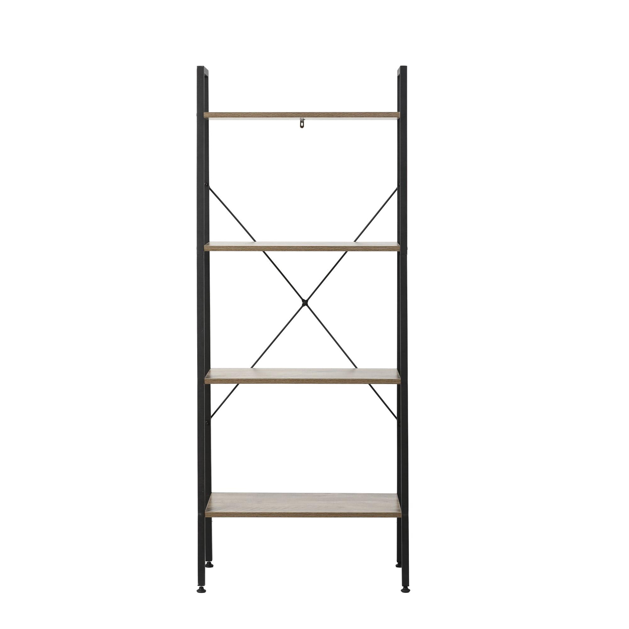 Black Metal and Wood 4-Shelf Ladder Bookcase