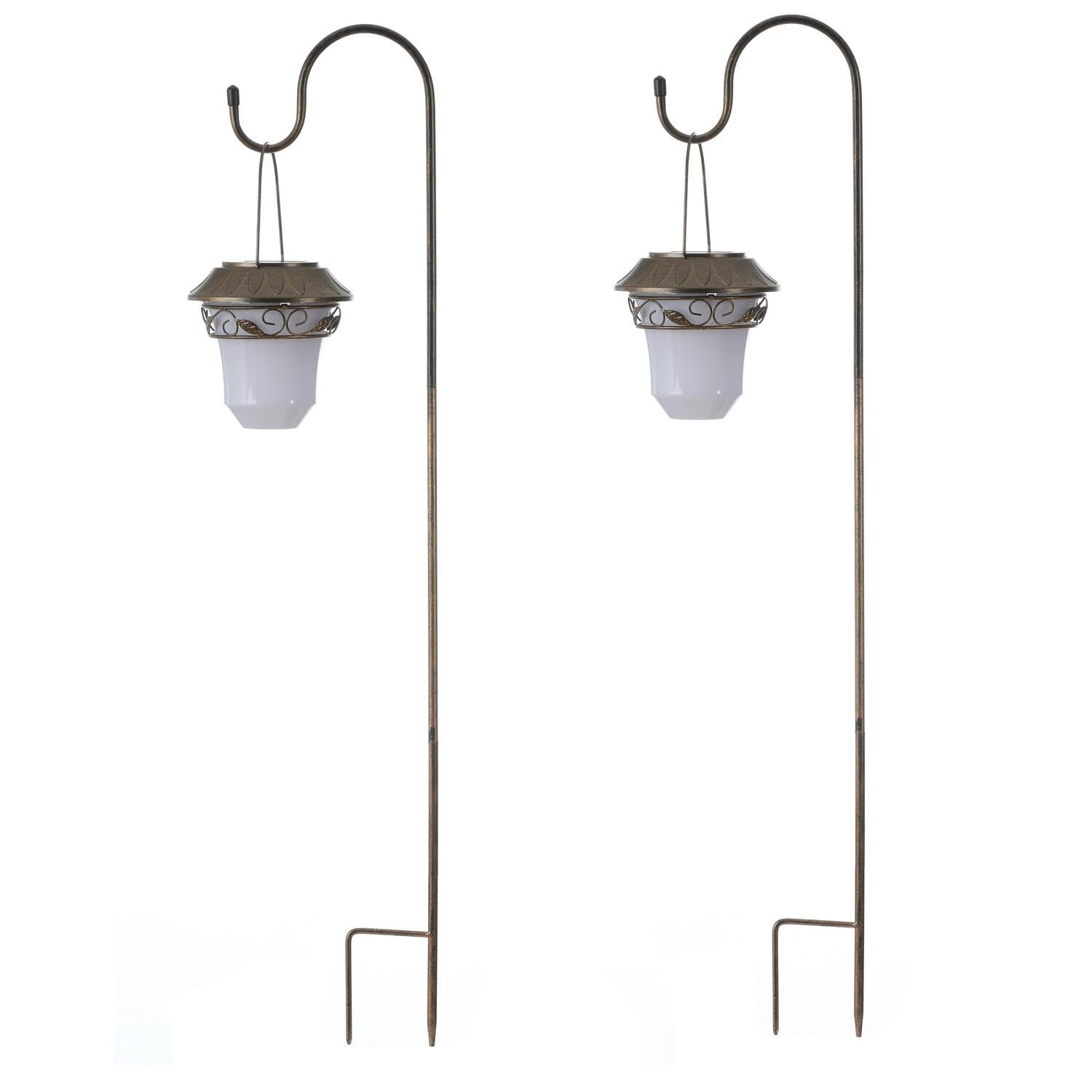 Brown Matte Solar LED Pathway Lanterns with Shepherd Hooks, Set of 2