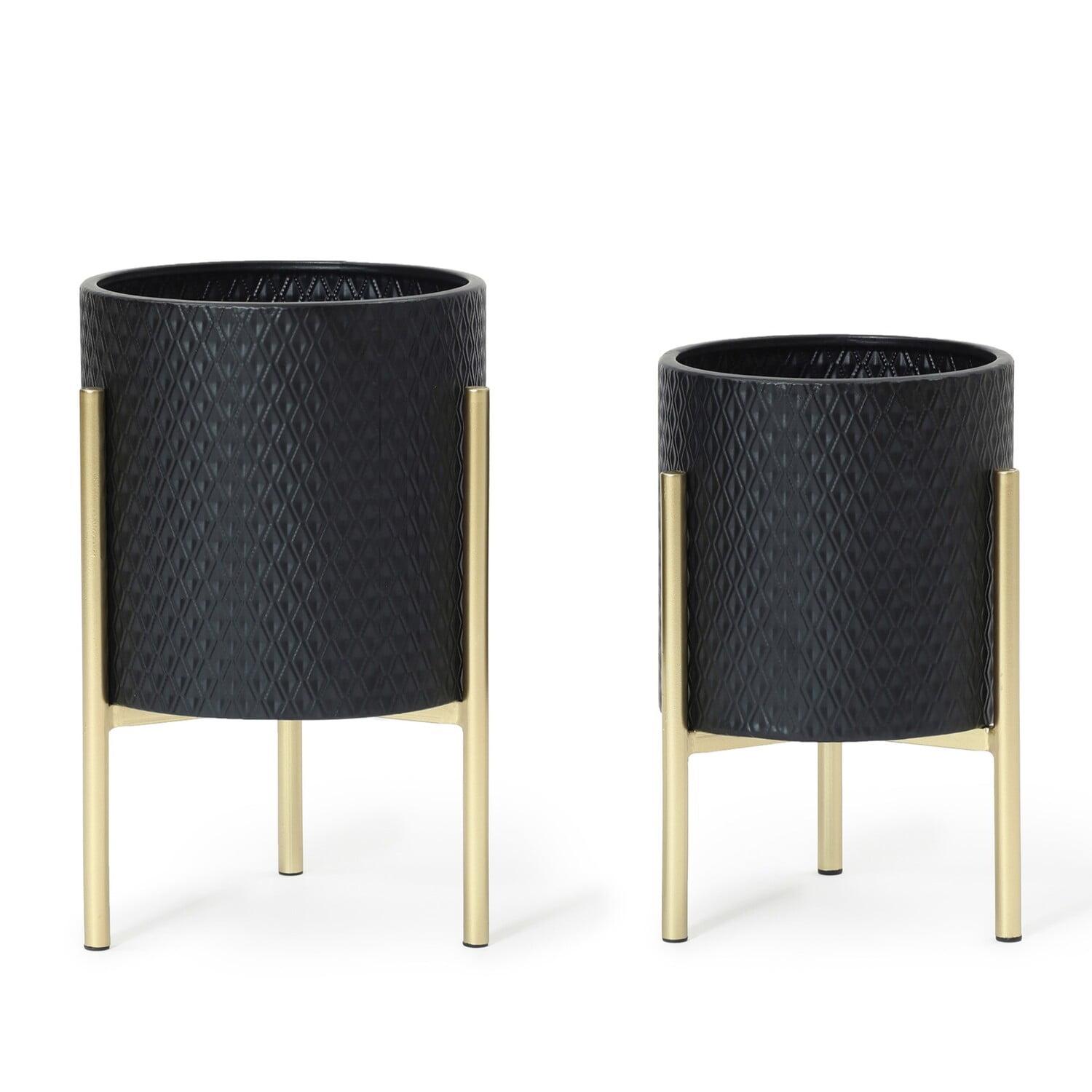 LuxenHome 2-Piece Diamond Pattern Round Metal Cachepot Planter Set, Black with Gold Stands