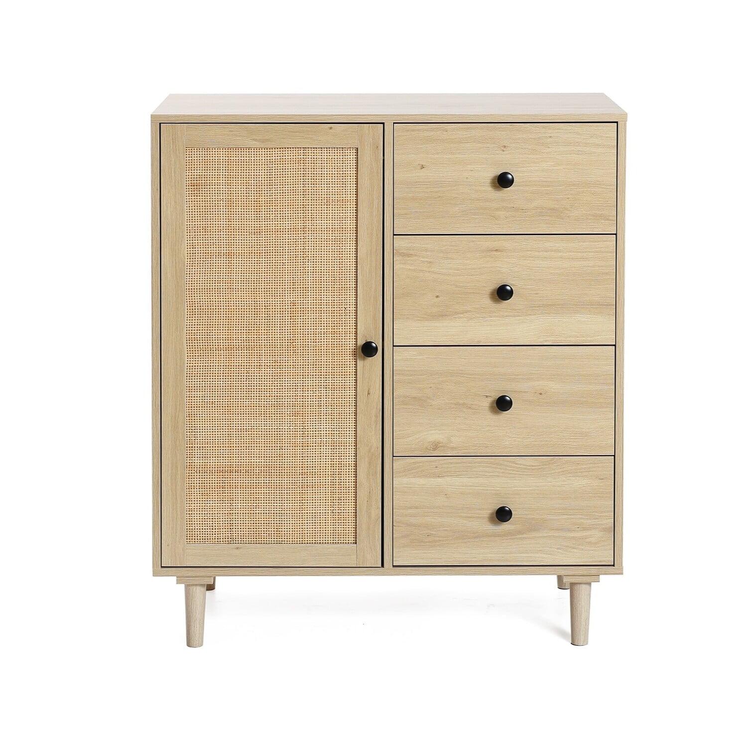 White Oak and Rattan 4-Drawer Storage Cabinet