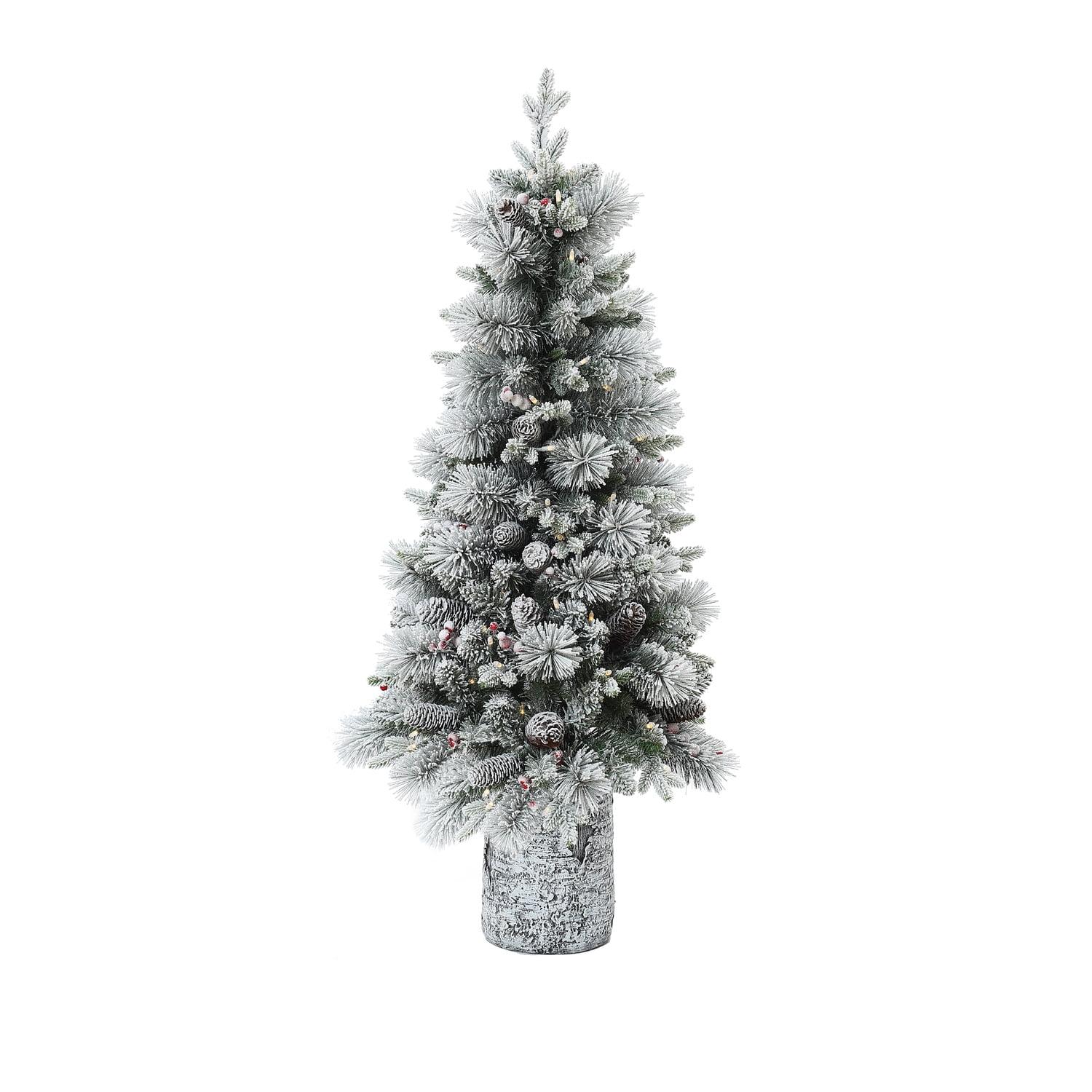 LuxenHome 4' Pre-Lit Green Flocked Potted Artificial Christmas Tree