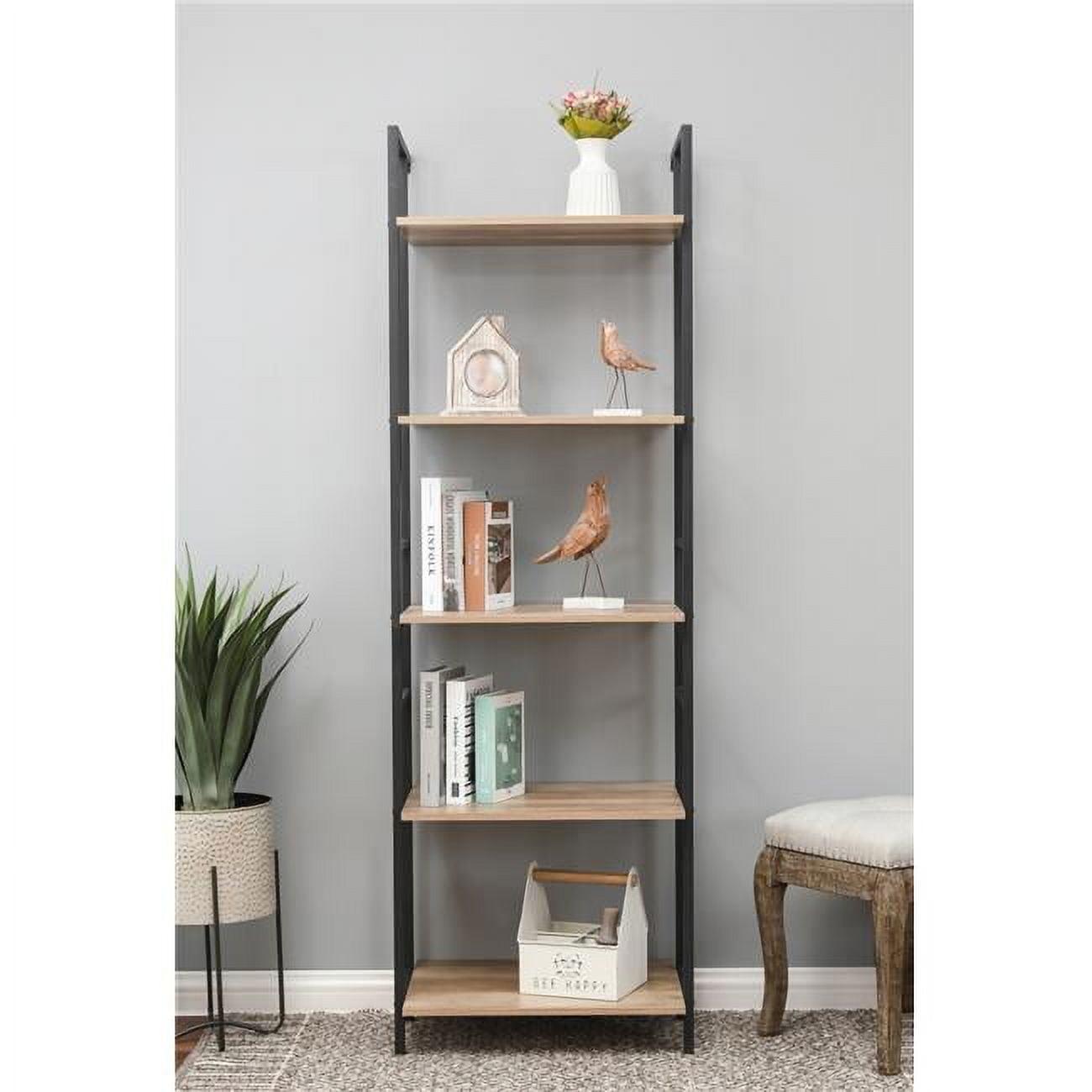 Light Oak and Black 5-Shelf Industrial Etagere Bookcase