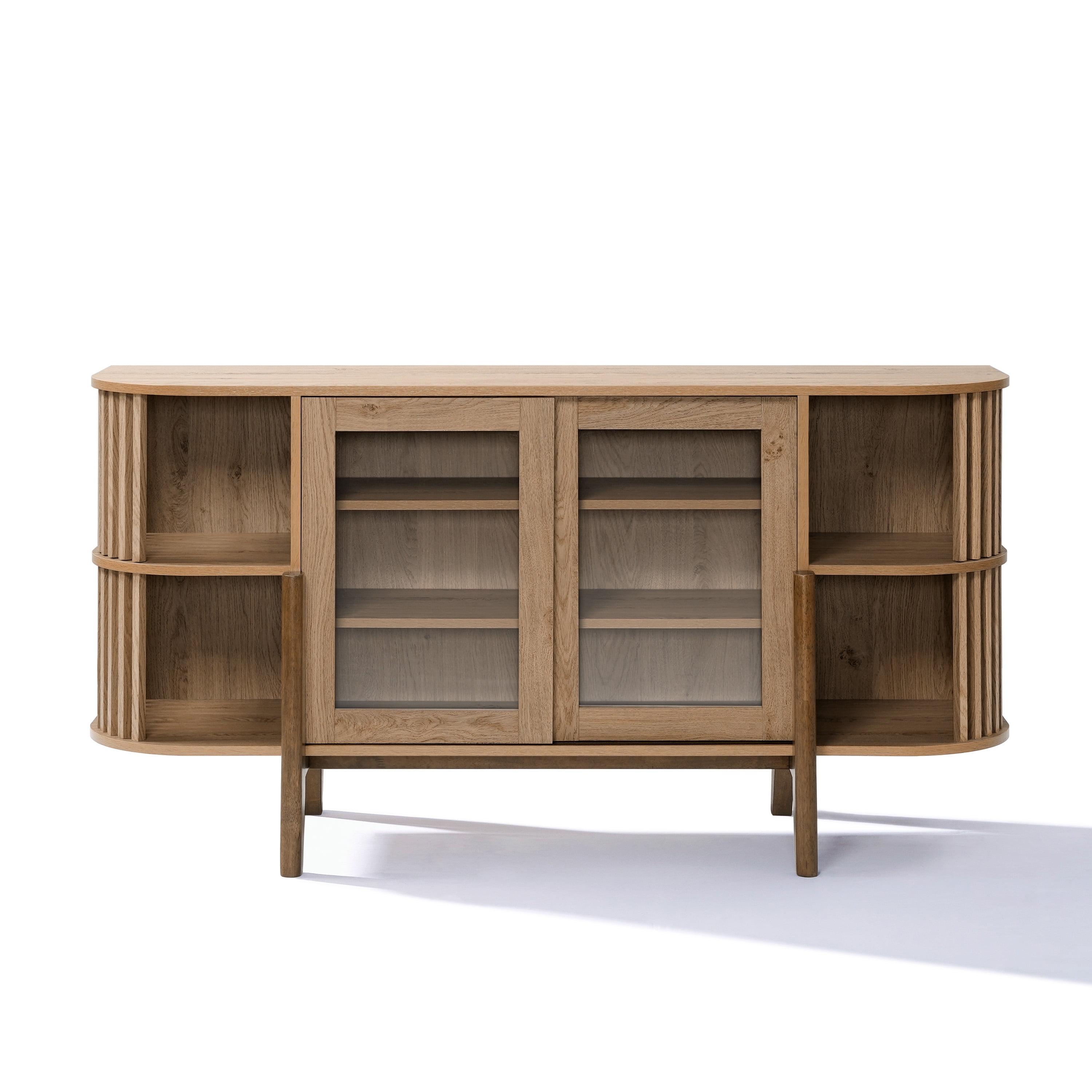 LuxenHome 2-Door and Open Storage 59-Inch Wide Sideboard Server Cabinet with Rubberwood Legs