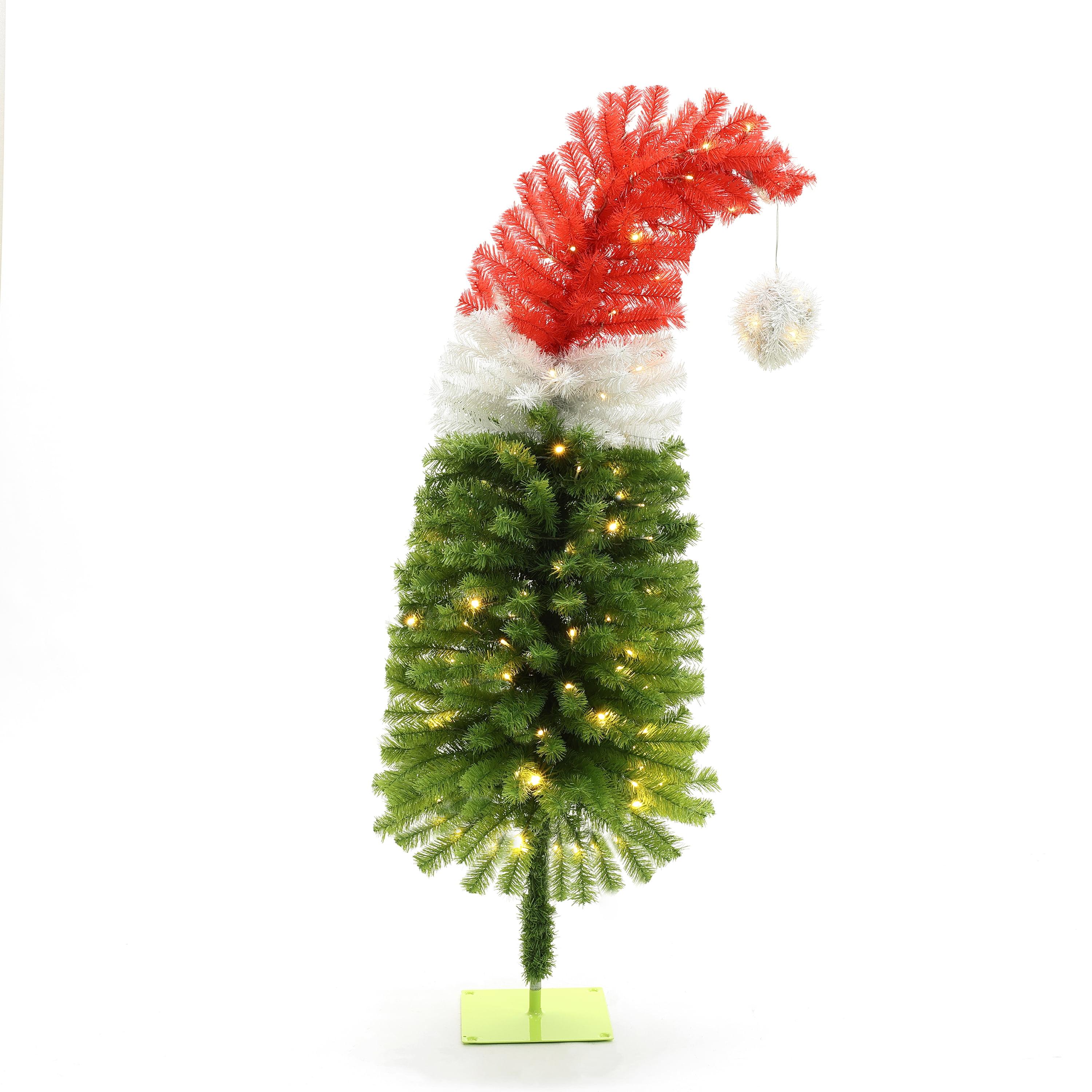 LuxenHome 5Ft Pre-Lit Artificial Tree with Santa Hat Treetop Multicolored