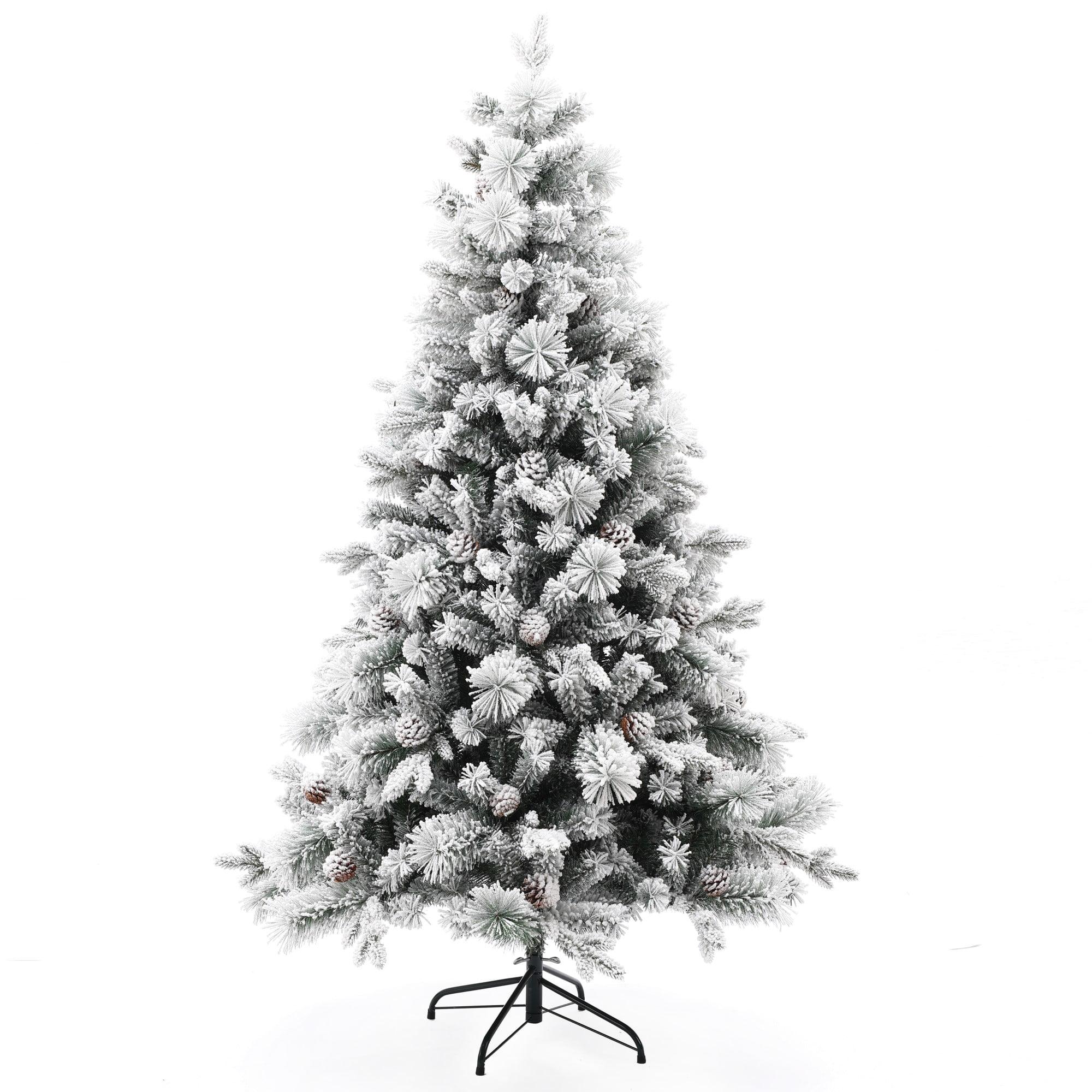 LuxenHome 6Ft Artificial Flocked Full Pine Christmas Tree with Pine Cones