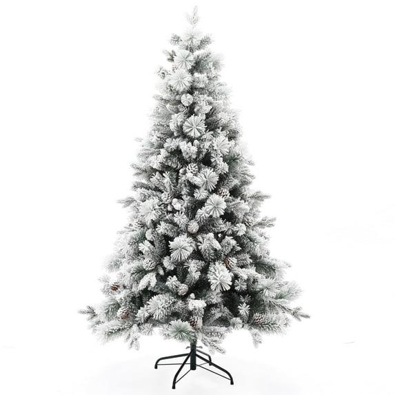 LuxenHome 6Ft Artificial Flocked Full Pine Christmas Tree with Pine Cones