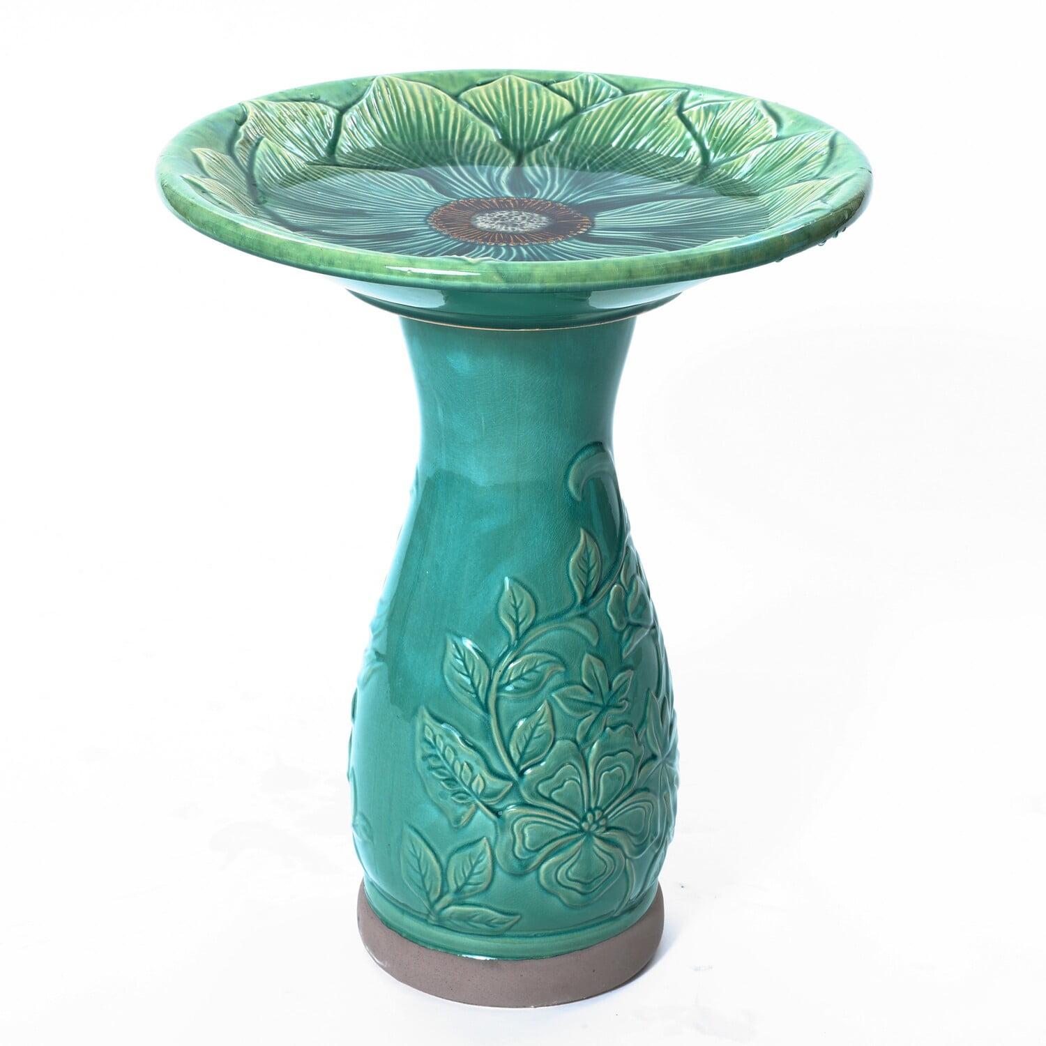 LuxenHome Aqua Glazed Flower Ceramic 22-In Tall Birdbath Green