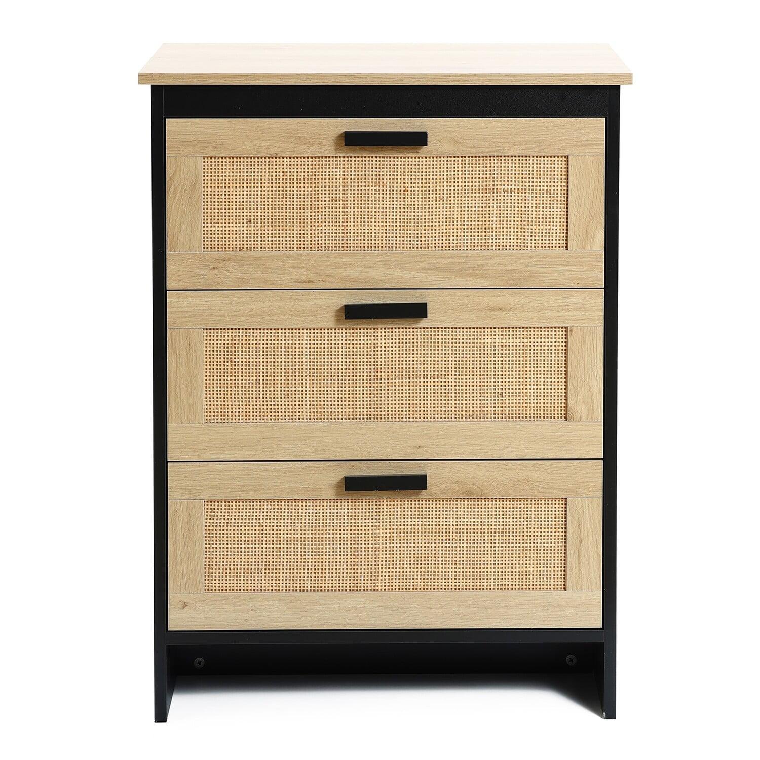 Mid-Century Black and Rattan 3-Drawer Chest