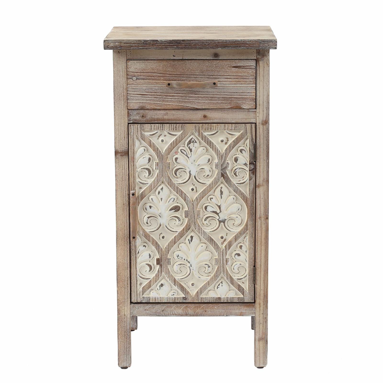 Farmhouse Chic Damask Carved Wood Side Table with Storage