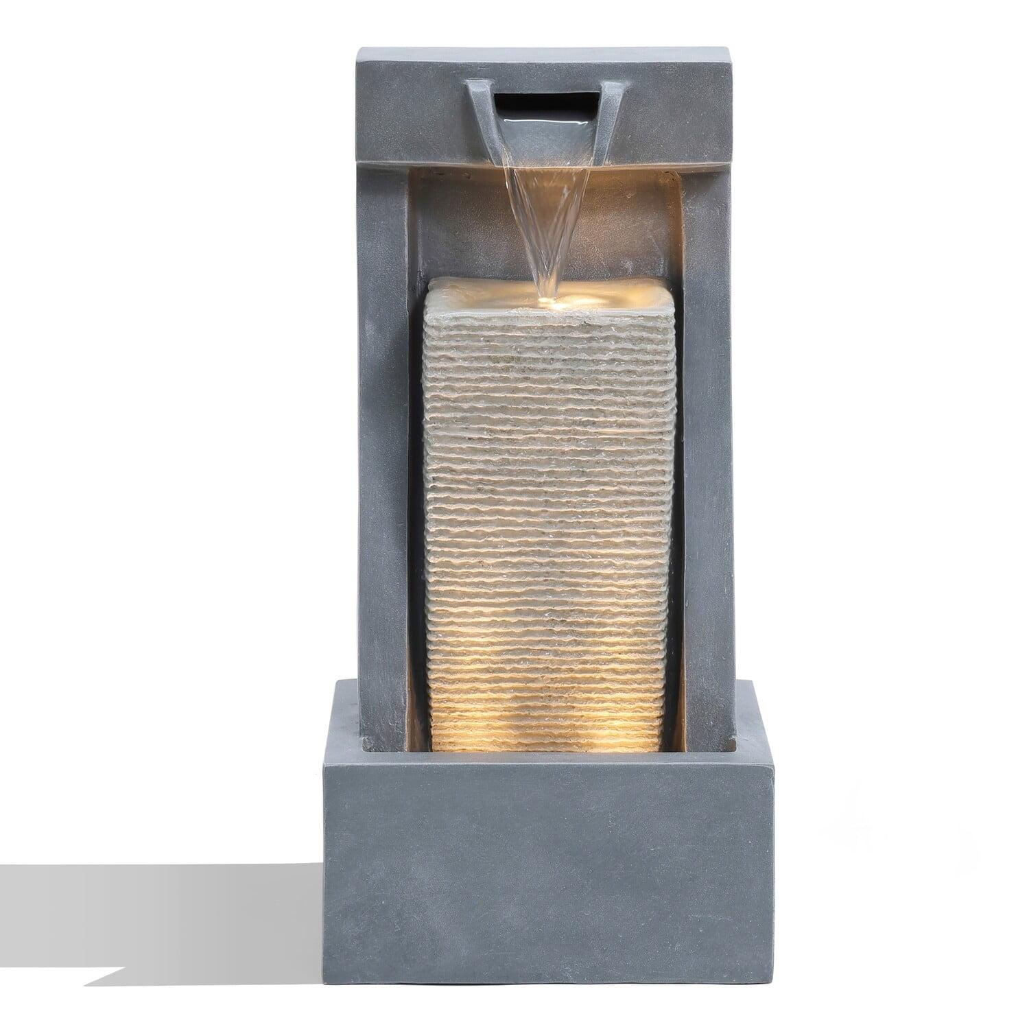 Gray Resin 2-Column Sculpture Outdoor Fountain with LED Lights