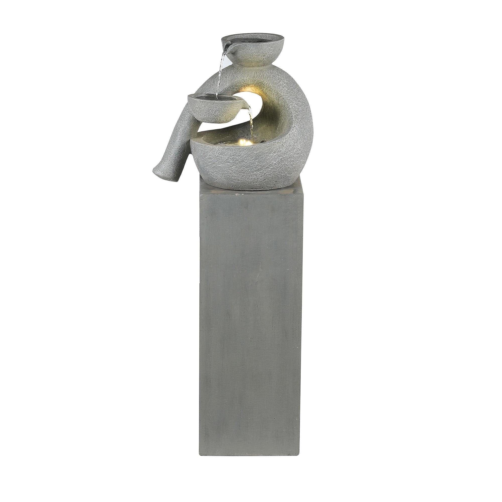LuxenHome Gray Resin Modern Sculpture Pedestal Outdoor Fountain with Lights