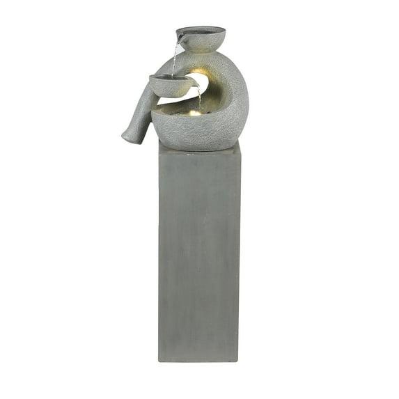 LuxenHome Gray Resin Modern Sculpture Pedestal Outdoor Fountain with Lights