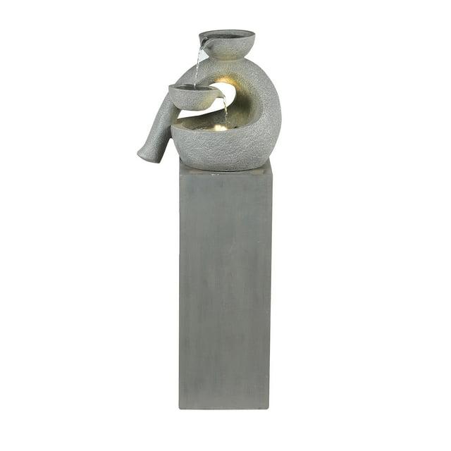 LuxenHome Gray Resin Modern Sculpture Pedestal Outdoor Fountain with Lights