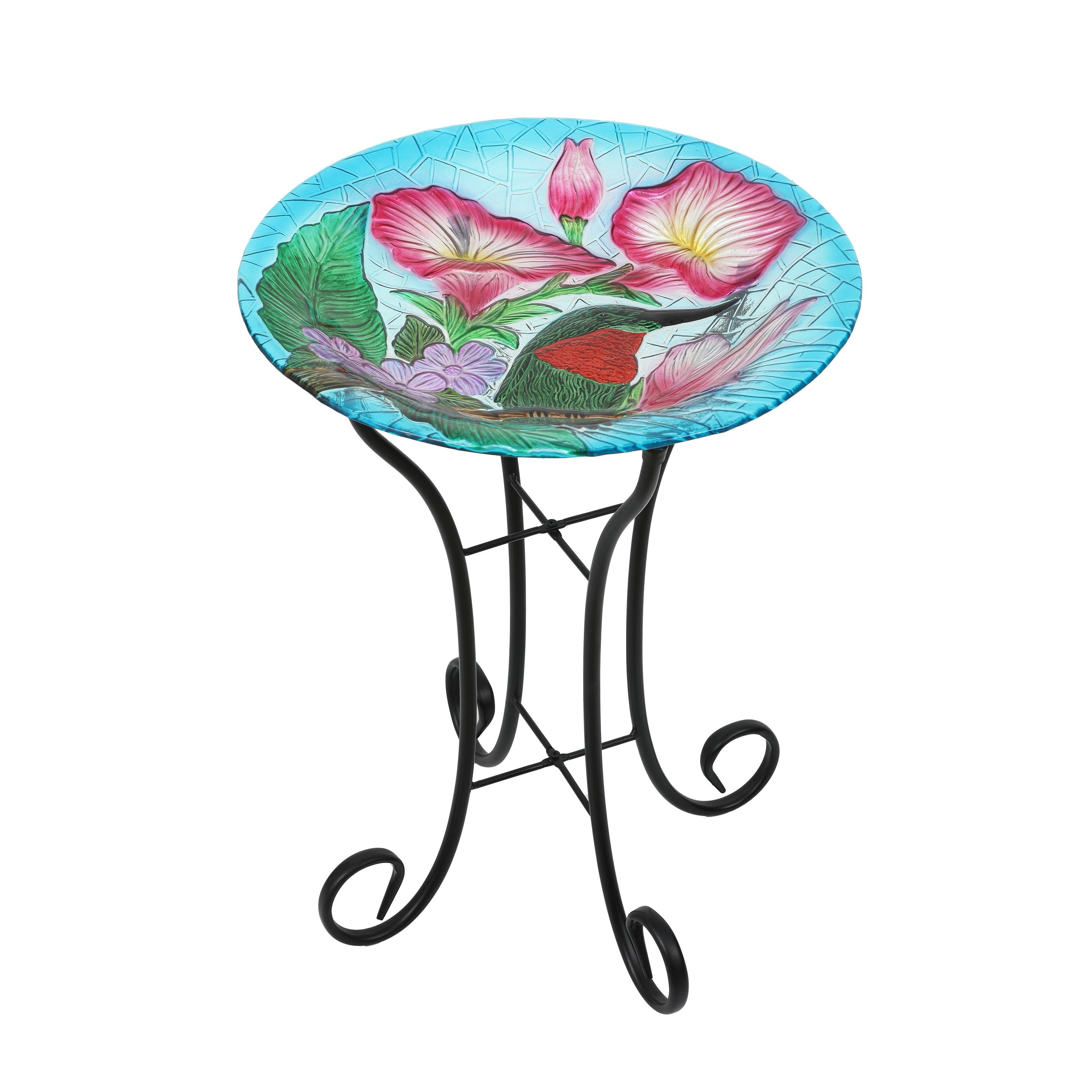 Hummingbird Floral Glass Birdbath with Metal Stand