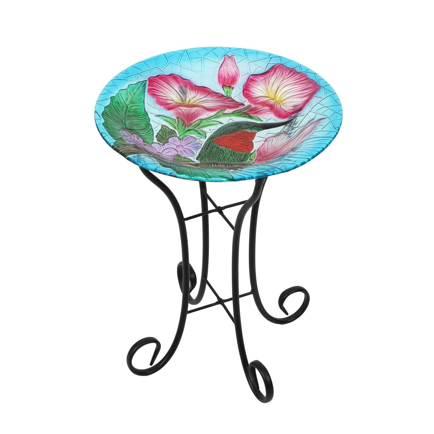 Hummingbird Floral Glass Birdbath with Metal Stand