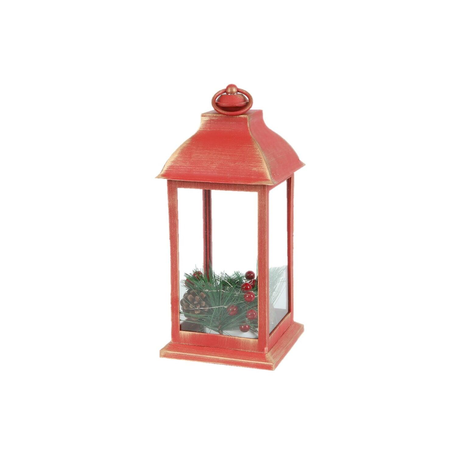 LuxenHome Lighted Berry and Pinecone Rustic Red Lantern Holiday Decoration, Tabletop and Centerpiece, Battery-Operated