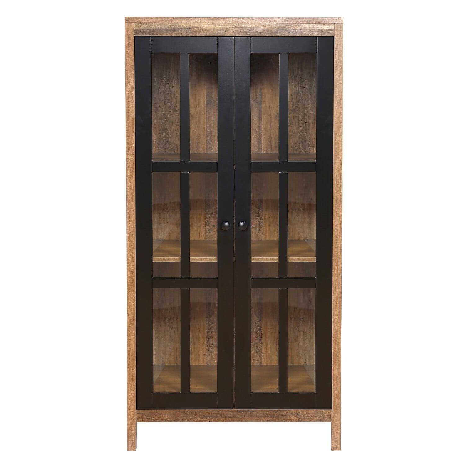 Natural Wood and Black Glass Door Curio Cabinet