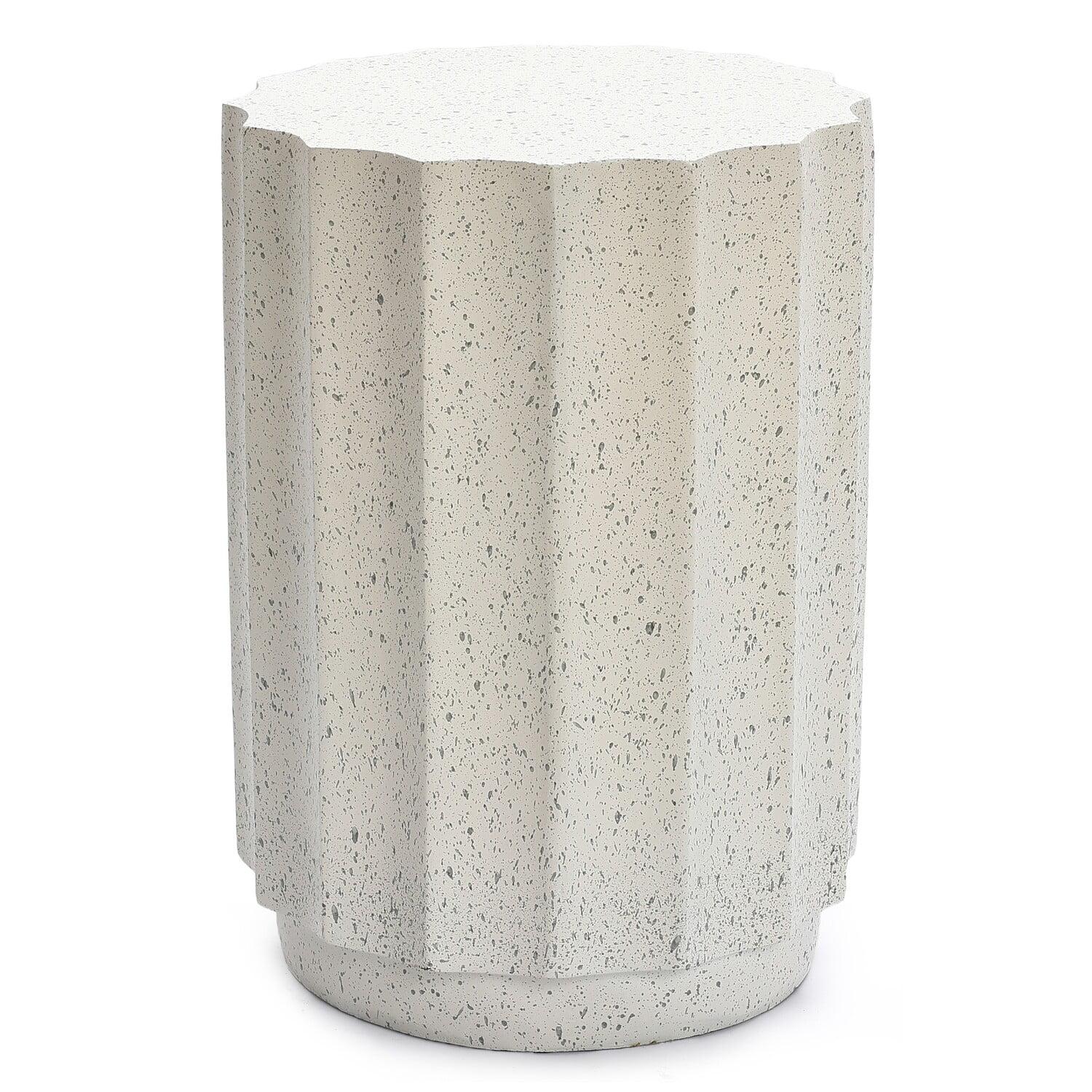 LuxenHome Round Patio Side Table Off White with Gray Cement, Accent Table for Outdoor and Indoor