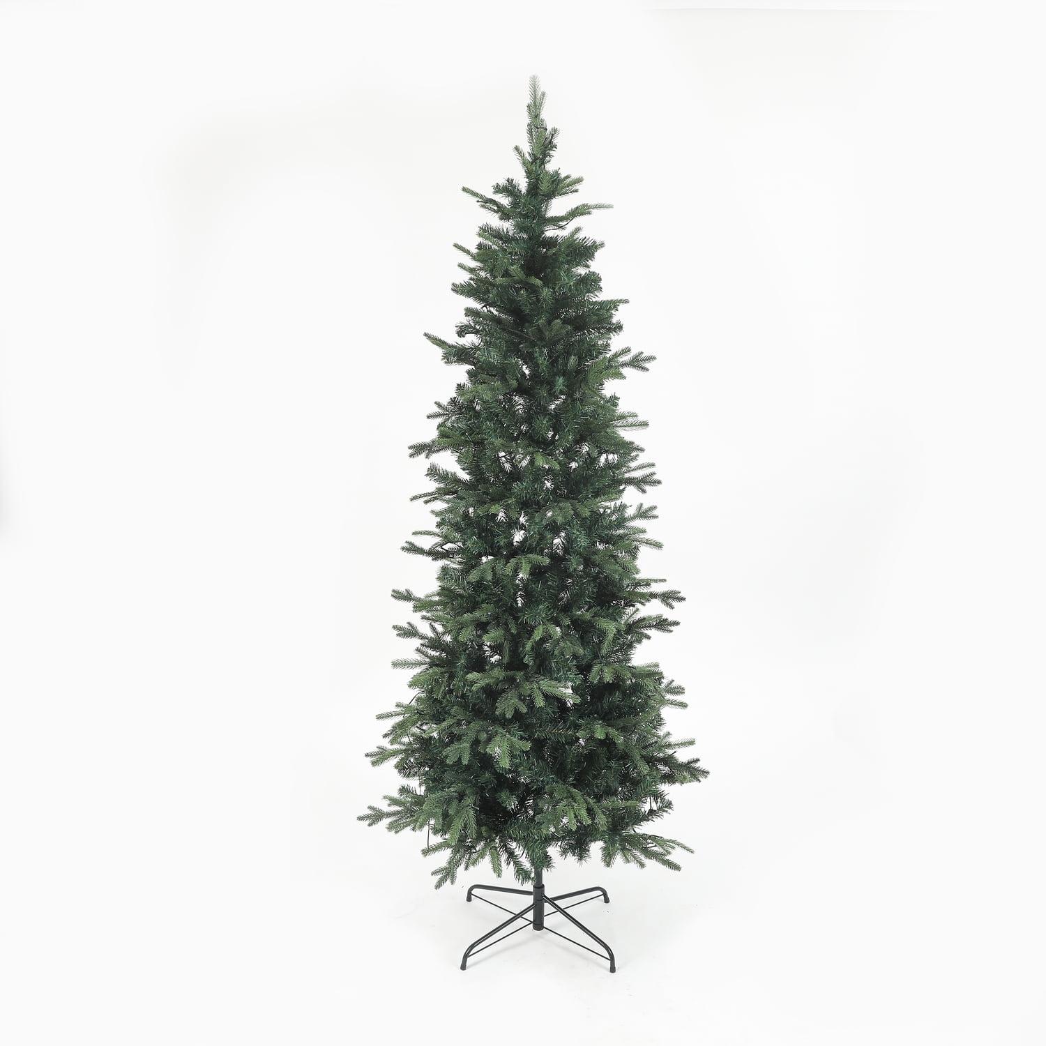 LuxenHome 7.1Ft Christmas Tree, Pre-Lit Tall Slim Fir Artificial Christmas Tree with Metal Stand, Skinny Christmas Tree with LED Light Green