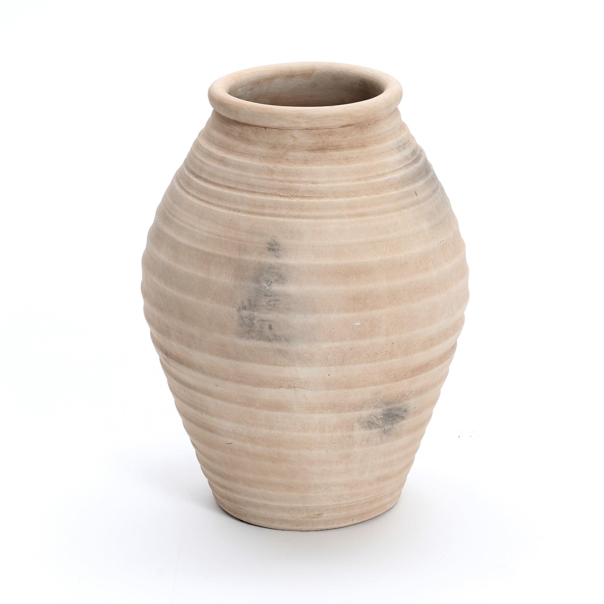 LuxenHome Rustic Brown Ribbed Terracotta 13.2-Inch Tall Urn Vase Beige