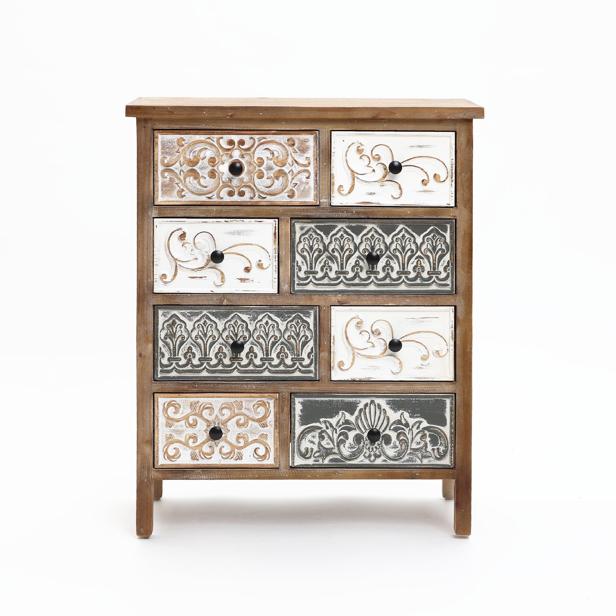 LuxenHome 8-Drawer 32.25" H x 25.75" W Rustic Carved Wood Accent Chest. Brown