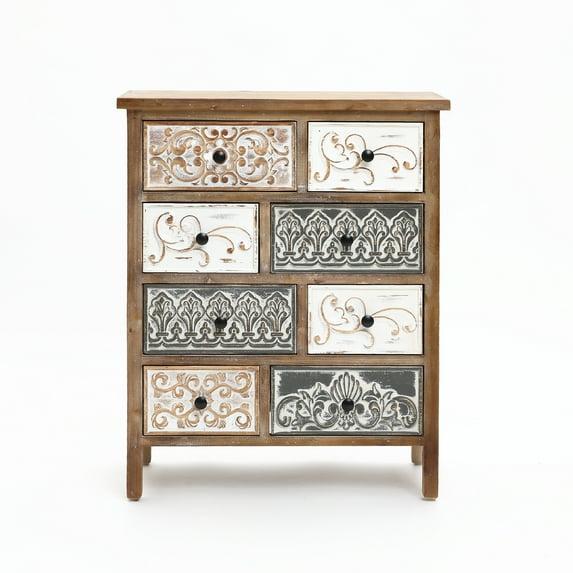 LuxenHome 8-Drawer 32.25" H x 25.75" W Rustic Carved Wood Accent Chest. Brown