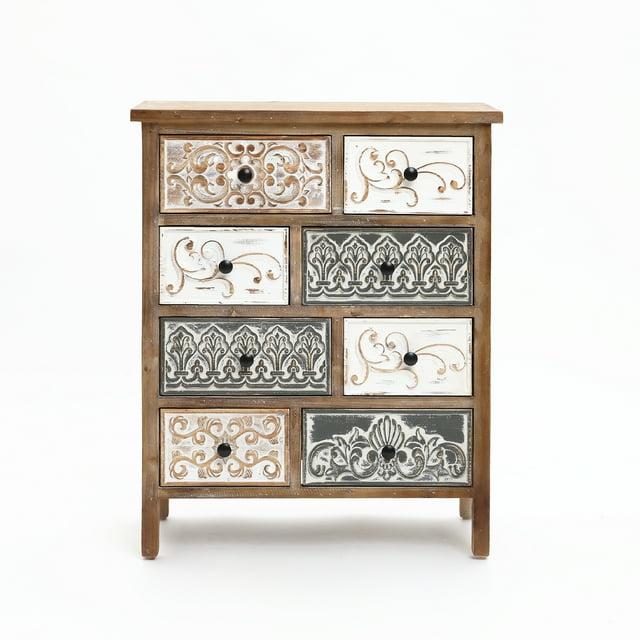 LuxenHome 8-Drawer 32.25" H x 25.75" W Rustic Carved Wood Accent Chest. Brown