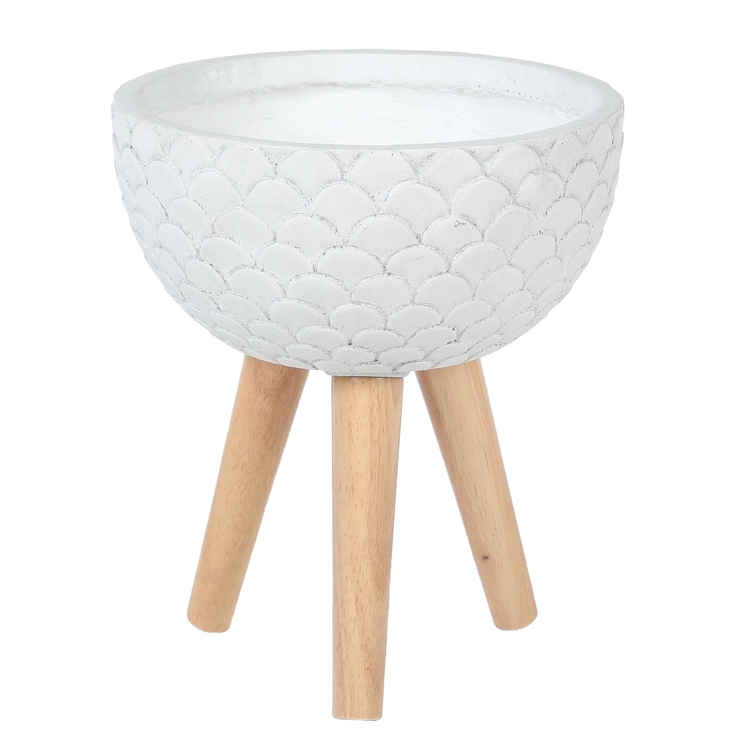 White Scallop Embossed Round Planter with Wood Legs