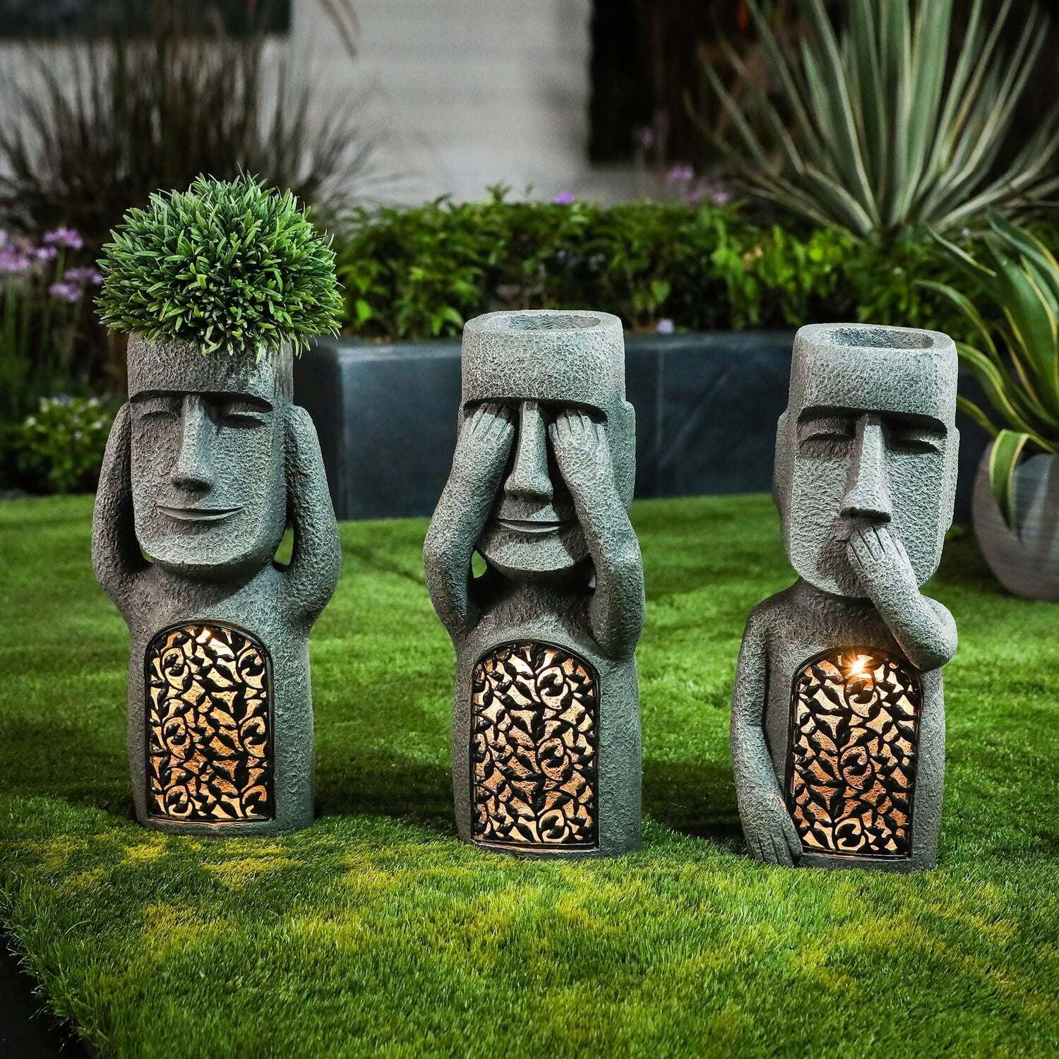 Gray Easter Island Solar Garden Statues with Planters, Set of 3