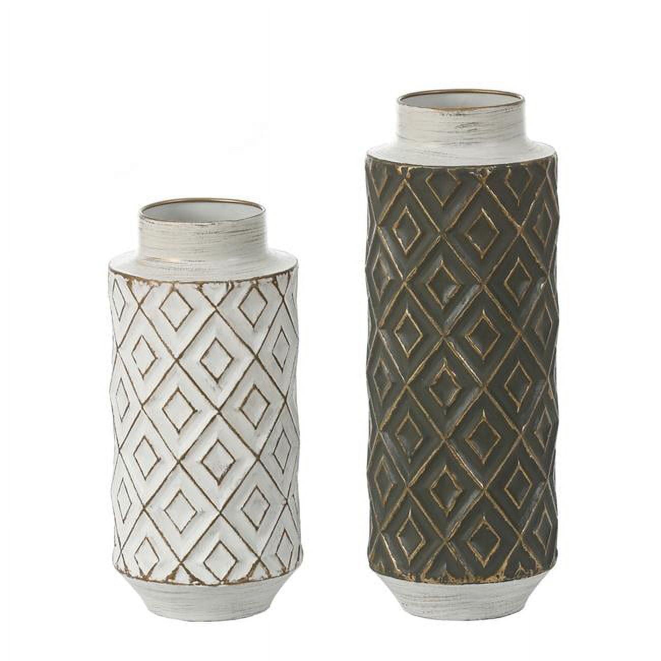 Mid-Century Distressed Black and White Metal Vase Duo