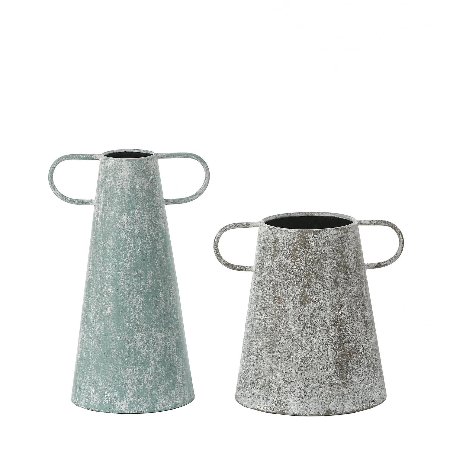 LuxenHome Set of 2 Farmhouse Blue and Gray Metal Vases, Tabletop Decoration