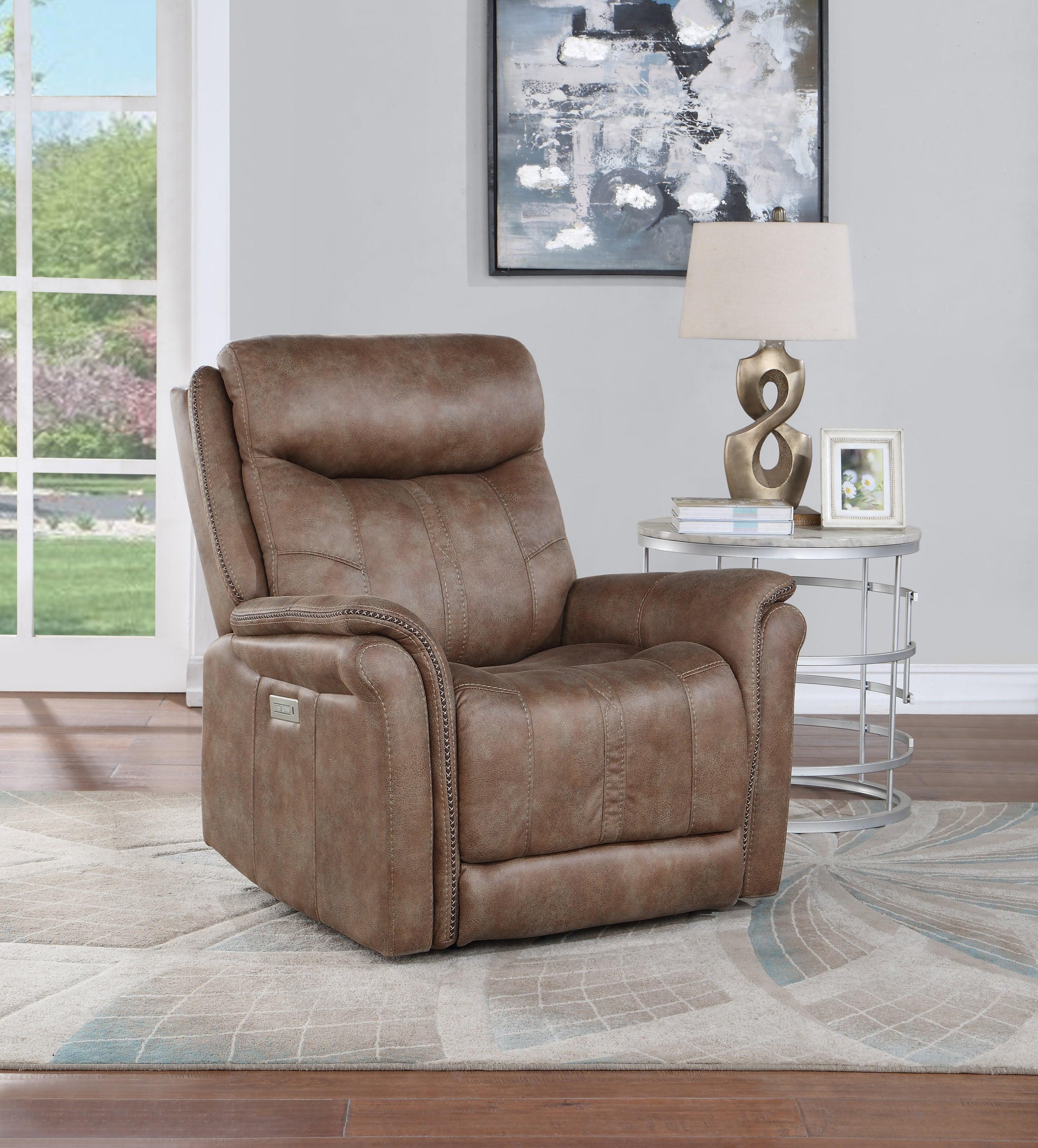 Transitional Camel Brown Microfiber Recliner with USB Port