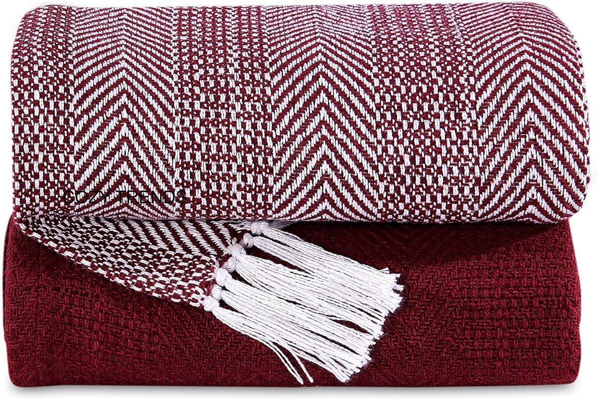 Burgundy and White Cotton Herringbone Throw Blanket Set