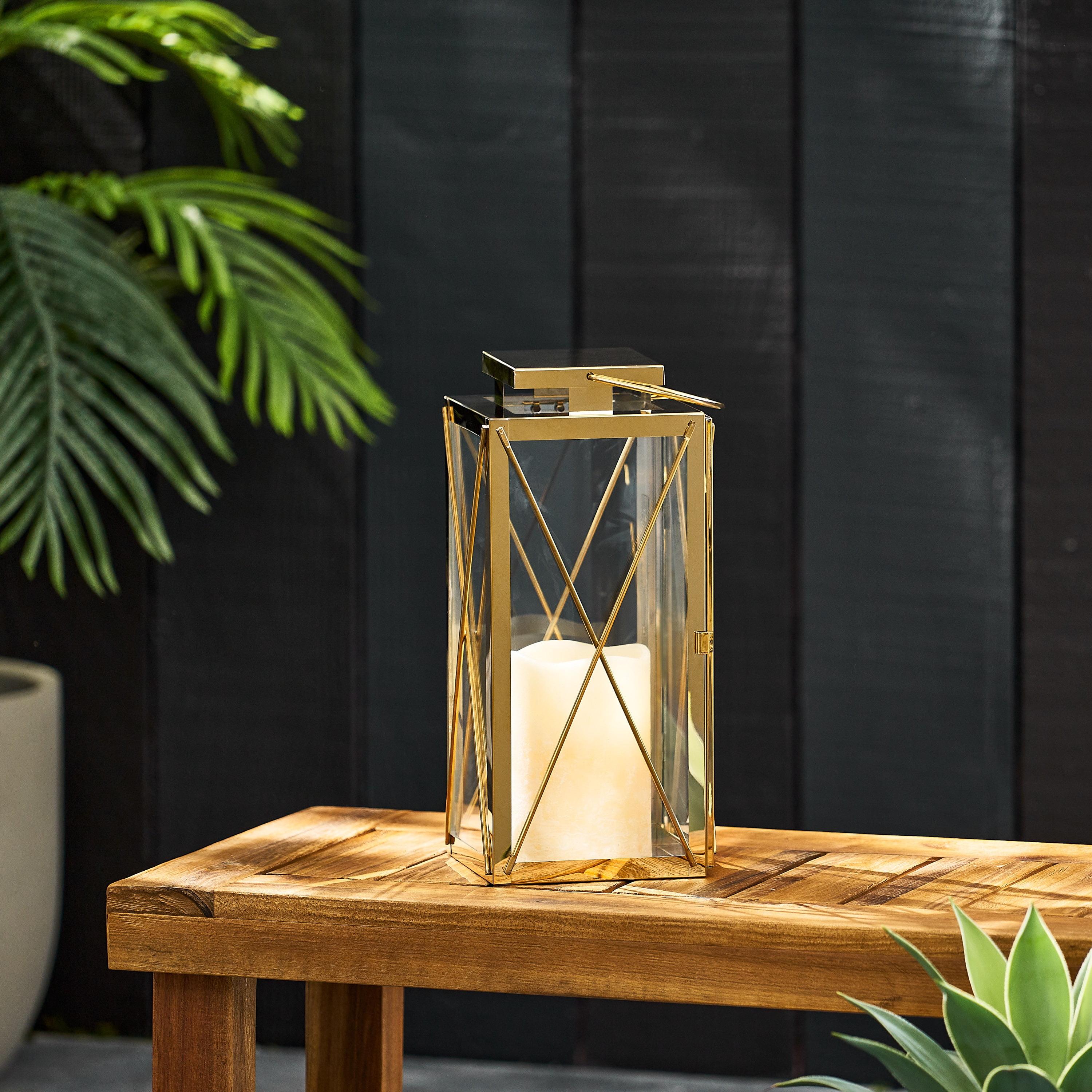 14" Gold Stainless Steel Lantern with Tempered Glass Panels