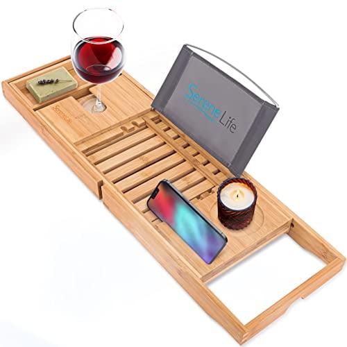 Latitude Run® Luxury Bamboo Bathtub Caddy Tray - Adjustable, Waterproof, With Wine Holder And Phone Slot For Relaxing Baths
