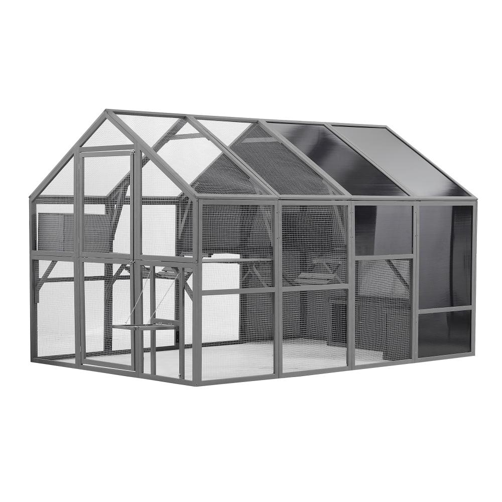 Large Gray Metal and Wood Outdoor Cat House Enclosure