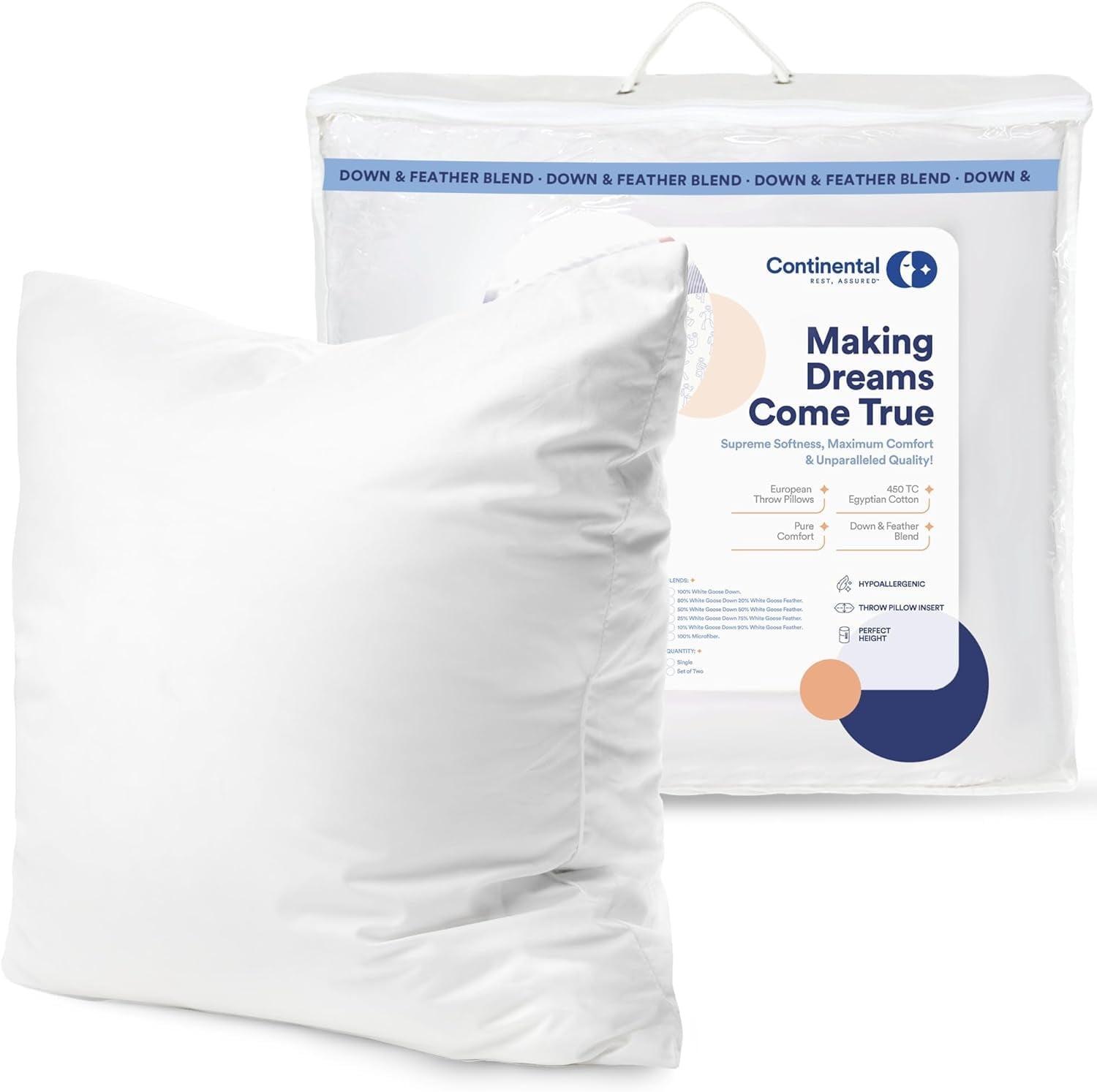 Continental Bedding Square White Throw Pillow Insert 1 Pack - 100% Cotton Cover, Microfiber Down Alternative Fill, Multiple Sizes