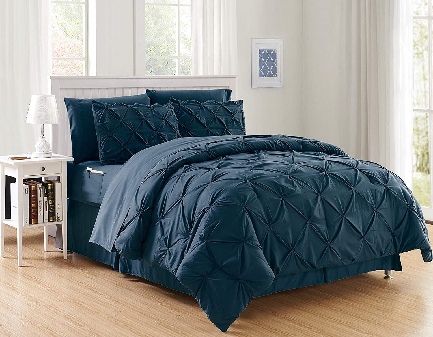 Luxury Goose Down Alternative 8PC Comforter Set - All Season Pintuck Style , King/Cal King, Navy