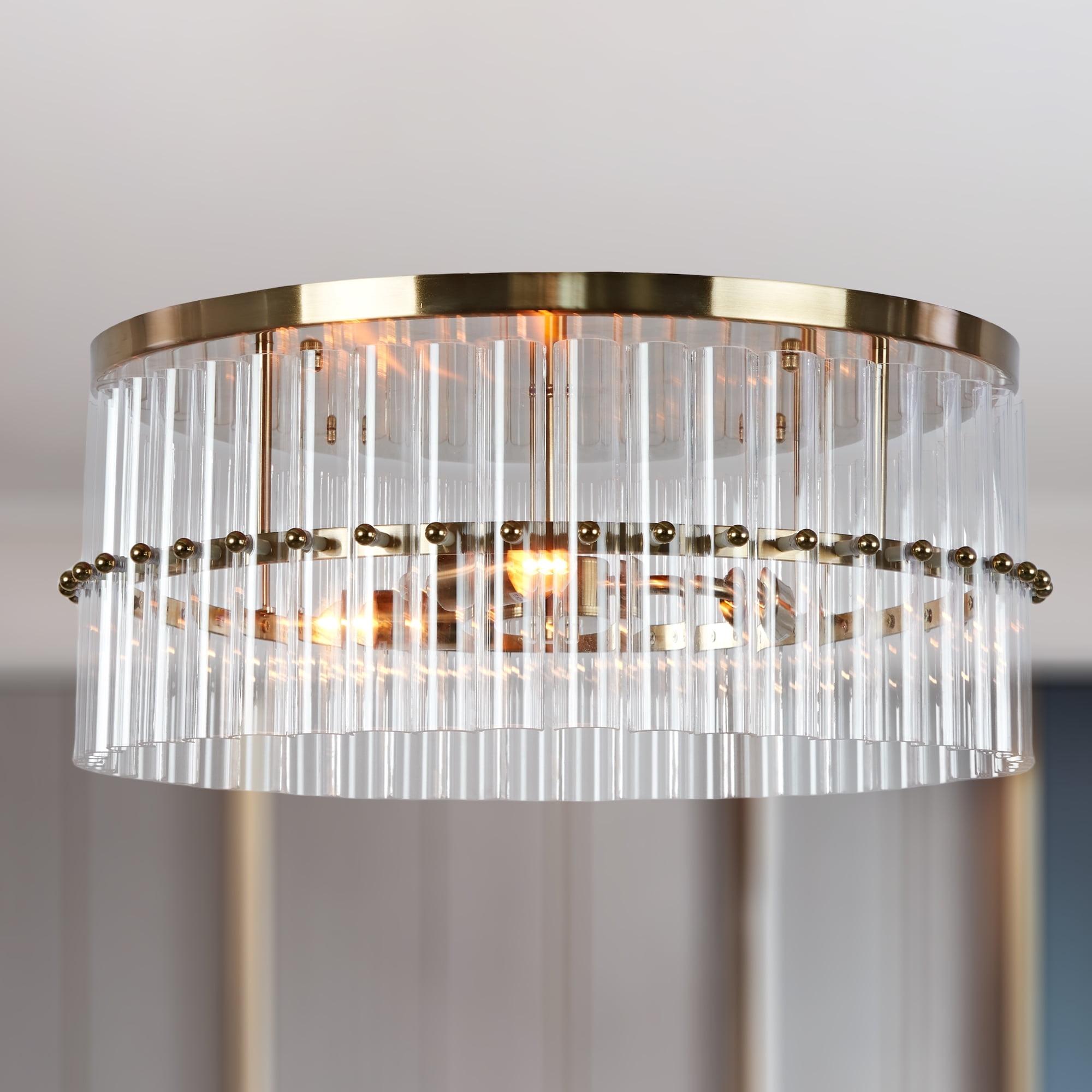 Luxury Round Antique Brass Metal with Tube Crystal 18 Inch Semi Flush Mount, Unique Elegant Ceiling Light, Hand-polished Close to Ceiling Light, Flush Mount Light for Living Room, Dining Room, Bedroo